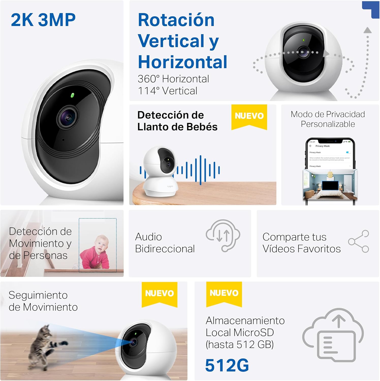 Tapo C210 - Cámara IP WiFi 360° Cámara de Vigilancia 2K (3MP),Visión Nocturna Admite Tarjeta SD hasta 512 GB, Detección y Seguimiento de Movimiento, Control Remoto, Compatible con Alexa - 2