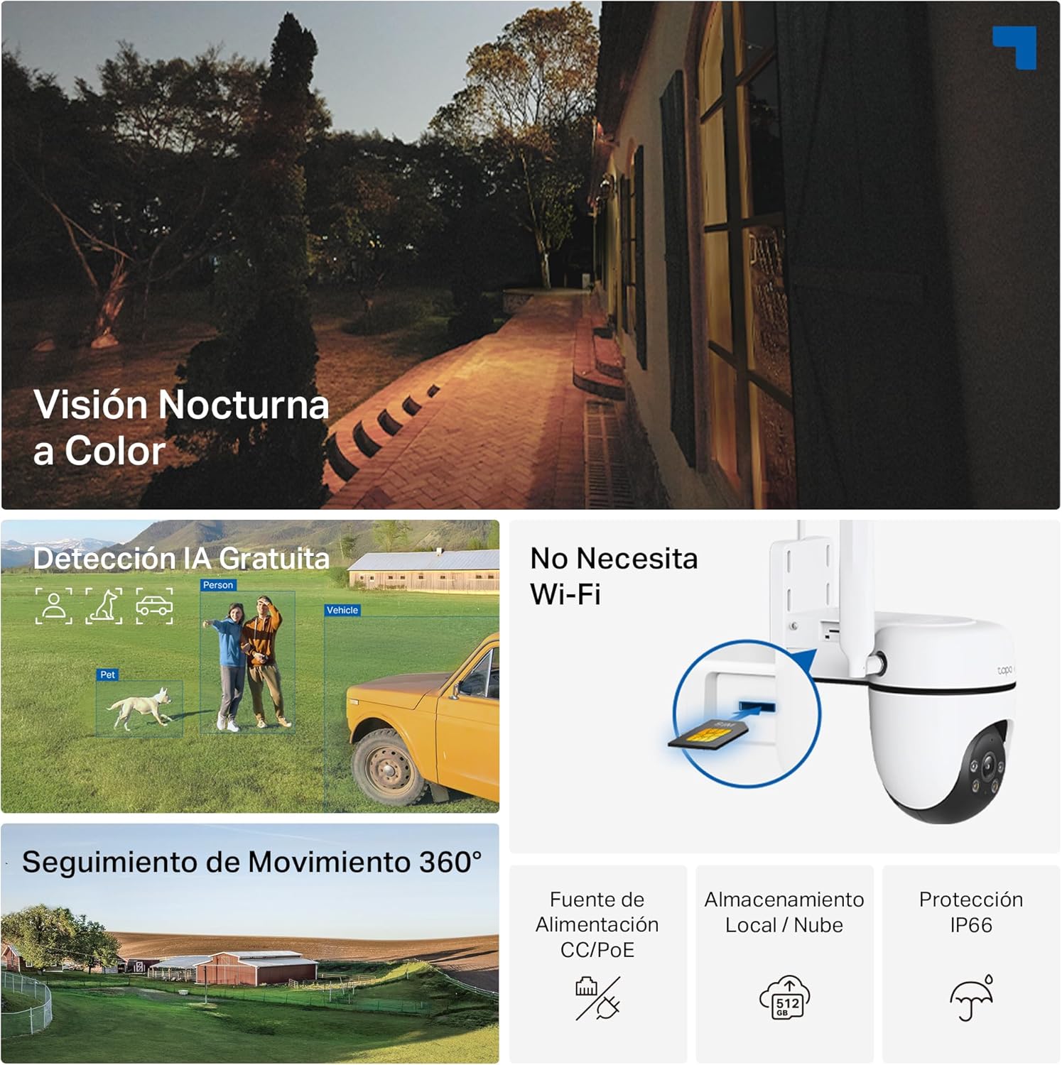 Tapo C501GW Cámara de Vigilancia Wi-Fi, Resolución 2K HD, Conexión Ethernet y Wi-Fi, Visión Nocturna en Color, Audio Bidireccional, Detección de Movimiento, Resistente al Agua IP65 - 3