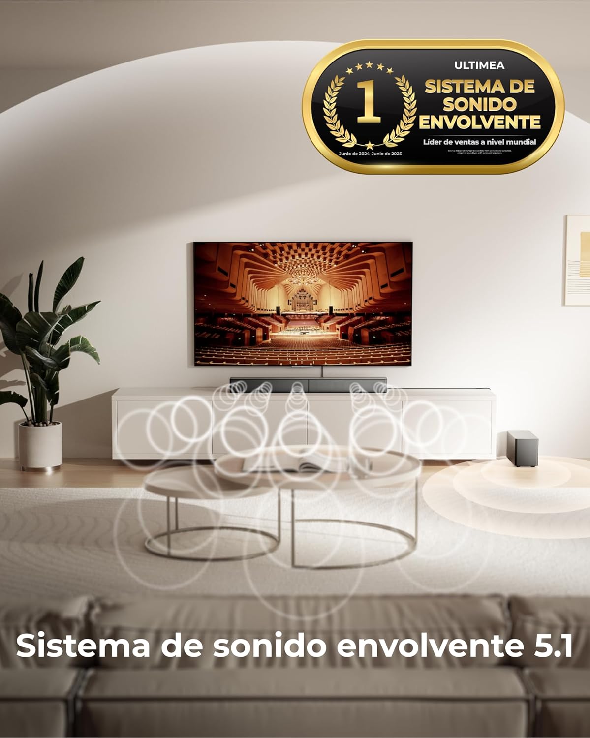 ULTIMEA 5.1ch Barra de Sonido TV con Dolby Atmos, Sistema de Sonido Envolvente para Home Cinema, Barra de Sonido con Subwoofer para TV, 340W, Bajos Ajustables, App, Bluetooth 5.4, Poseidon M60 Boom - 5
