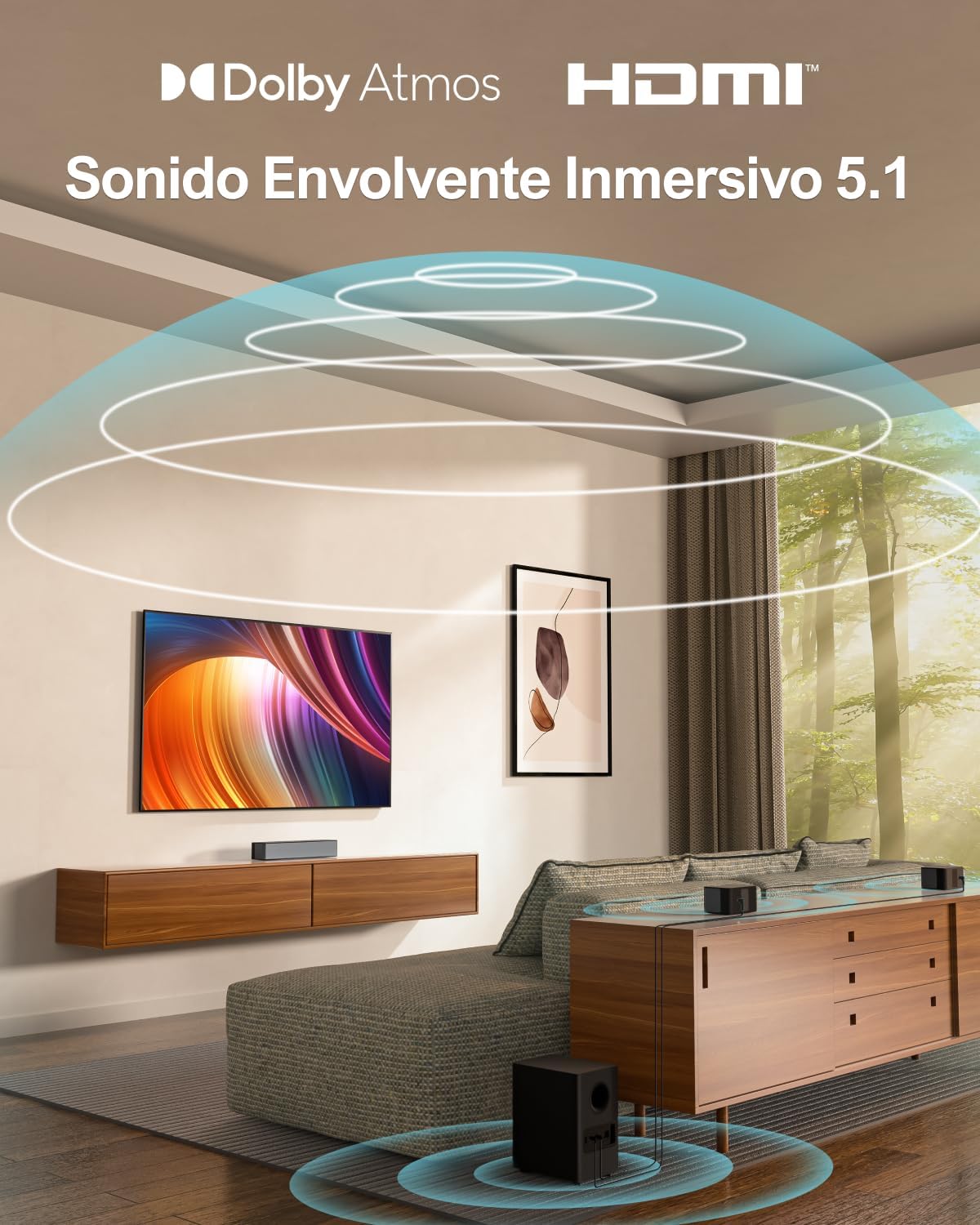 ULTIMEA Barra de Sonido 5.1 con Dolby Atmos, Subwoofer y 2 Altavoces Traseros, Sistema de Sonido Envolvente 3D para TV, Bluetooth 5.3 y Graves Ajustables, 410W, Poseidon D60 - 2