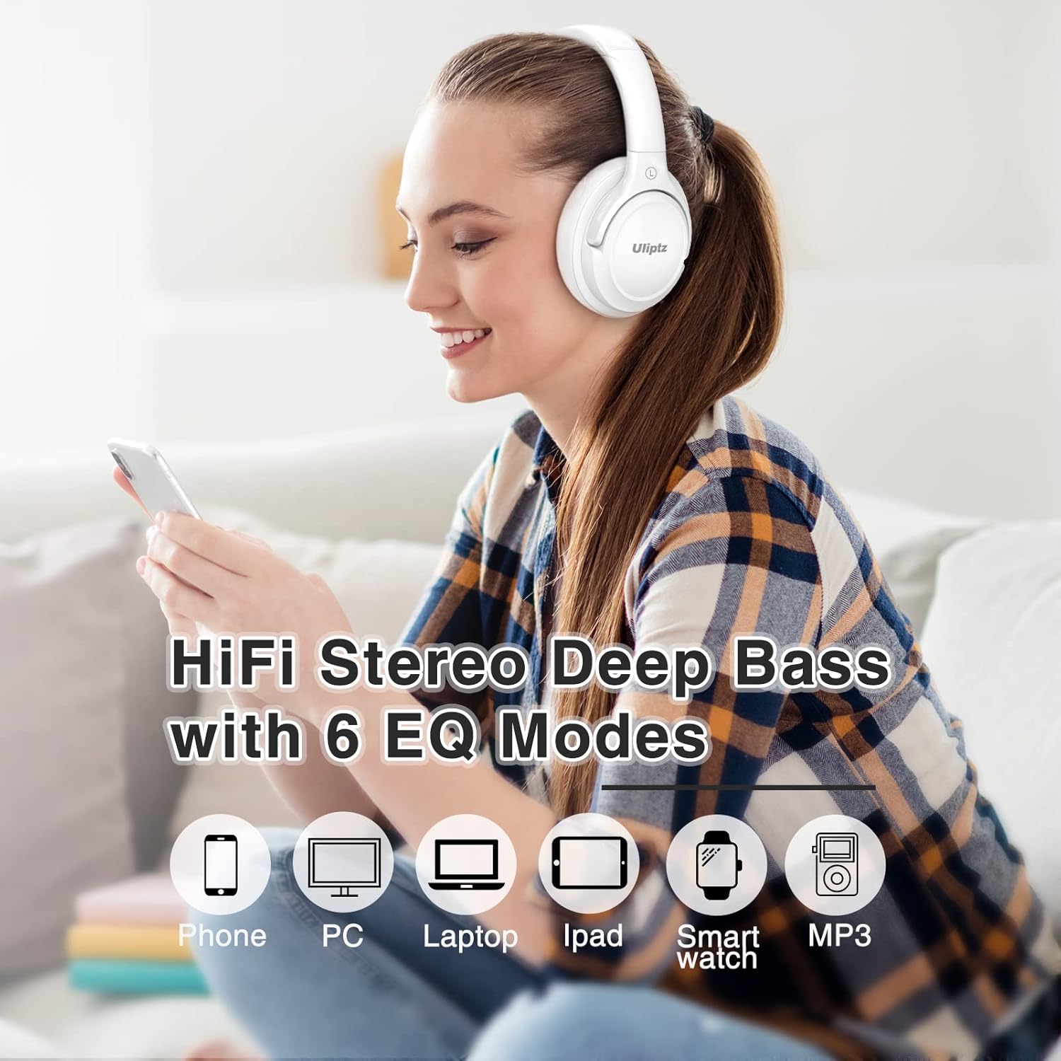 Uliptz - Auriculares Bluetooth 5.3 con Micro, 65 h de autonomía, 6 Modos de Sonido EQ, estéreo, Alta fidelidad, inalámbricos, circumaurales, Plegables, Ligeros, Viajes, Oficina, móvil, PC, Blancos - 2