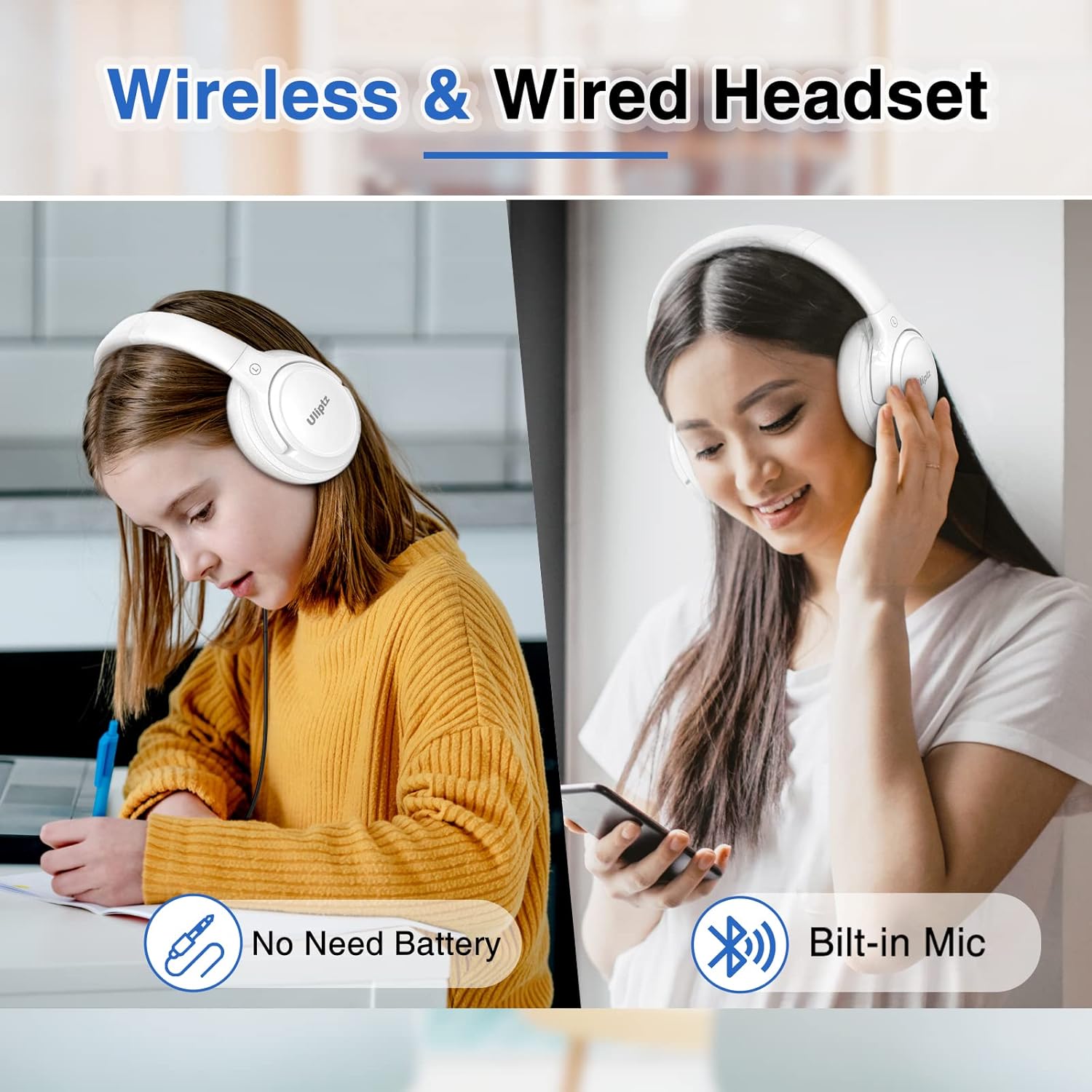 Uliptz - Auriculares Bluetooth 5.3 con Micro, 65 h de autonomía, 6 Modos de Sonido EQ, estéreo, Alta fidelidad, inalámbricos, circumaurales, Plegables, Ligeros, Viajes, Oficina, móvil, PC, Blancos - 6