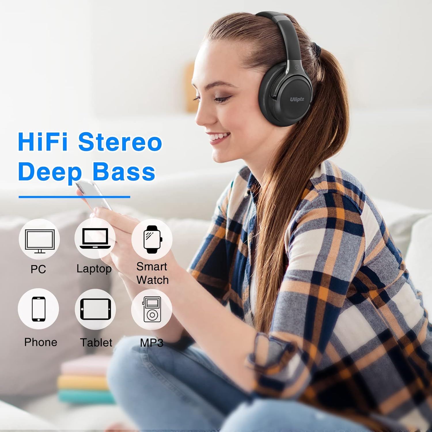 Uliptz Auriculares Inalámbricos Bluetooth, 65 Horas de Reproducción, 6 Modos de Sonido EQ, Auriculares Inalámbricos Diadema Estéreo HiFi con Micrófono, Audifonos Bluetooth 5.3 para PC/Teléfono - 2