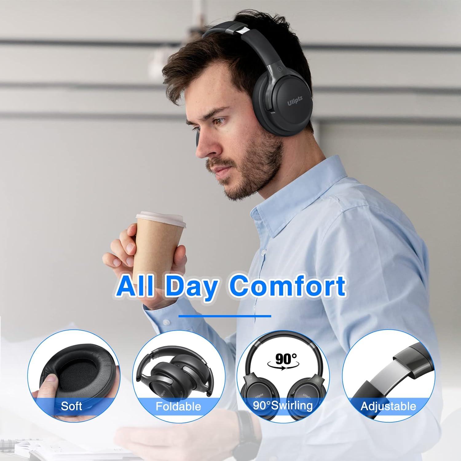 Uliptz Auriculares Inalámbricos Bluetooth, 65 Horas de Reproducción, 6 Modos de Sonido EQ, Auriculares Inalámbricos Diadema Estéreo HiFi con Micrófono, Audifonos Bluetooth 5.3 para PC/Teléfono - 6