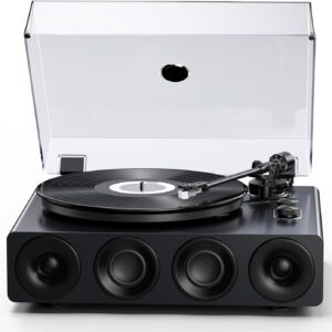 1 BY ONE Tocadiscos de Vinilo Todo en Uno con Altavoces Integrados, Preamplificador de Fono, Cápsula Magnética AT-3600L, Salida RCA, Transmisión por Correa 2 Velocidades, Acabado en Laca de Piano Gris