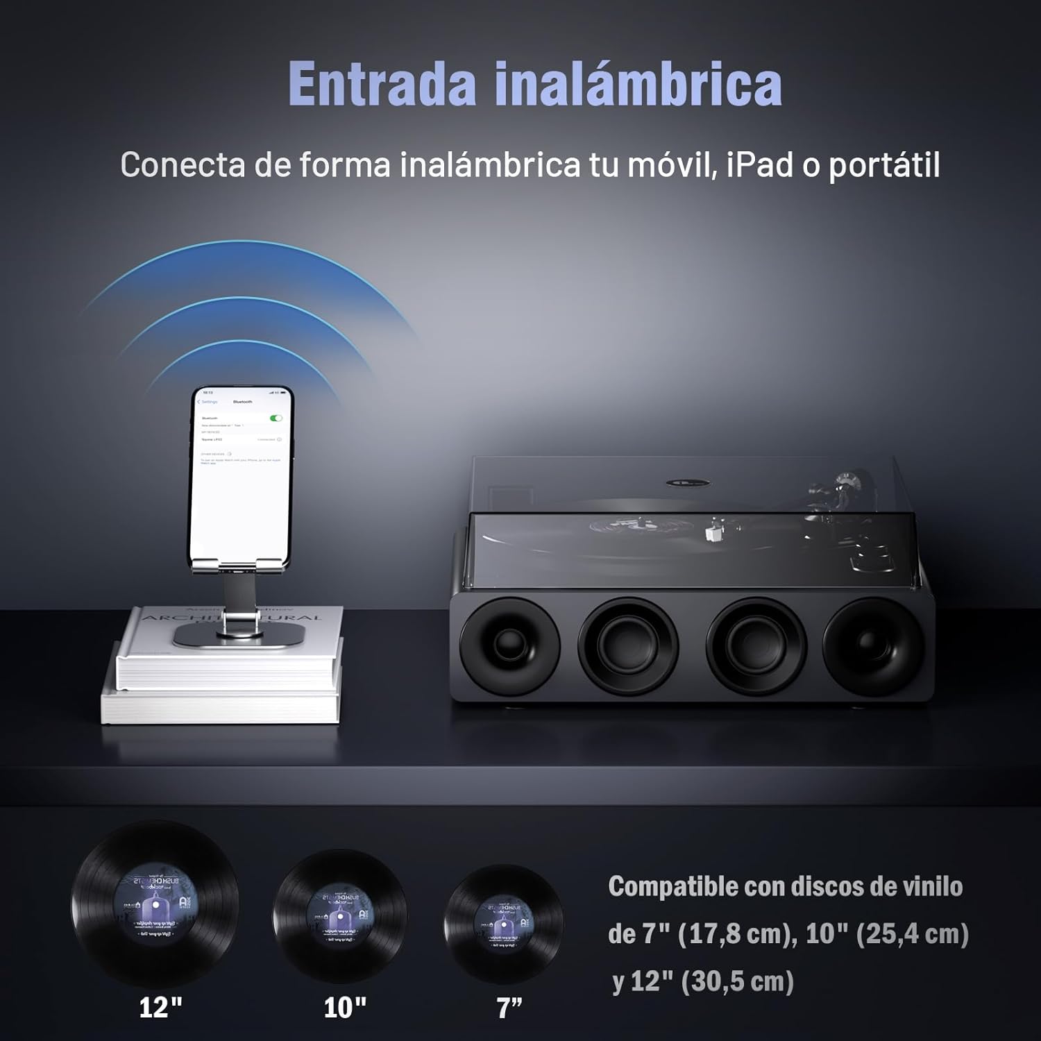 1 BY ONE Tocadiscos de Vinilo Todo en Uno con Altavoces Integrados, Preamplificador de Fono, Cápsula Magnética AT-3600L, Salida RCA, Transmisión por Correa 2 Velocidades, Acabado en Laca de Piano Gris - 4