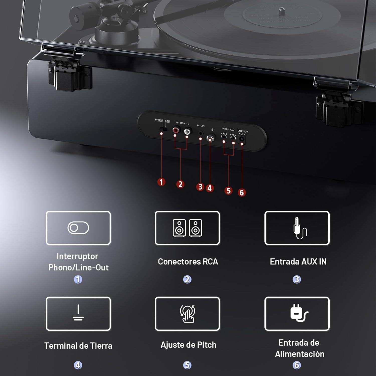 1 BY ONE Tocadiscos de Vinilo Todo en Uno con Altavoces Integrados, Preamplificador de Fono, Cápsula Magnética AT-3600L, Salida RCA, Transmisión por Correa 2 Velocidades, Acabado en Laca de Piano Gris - 5