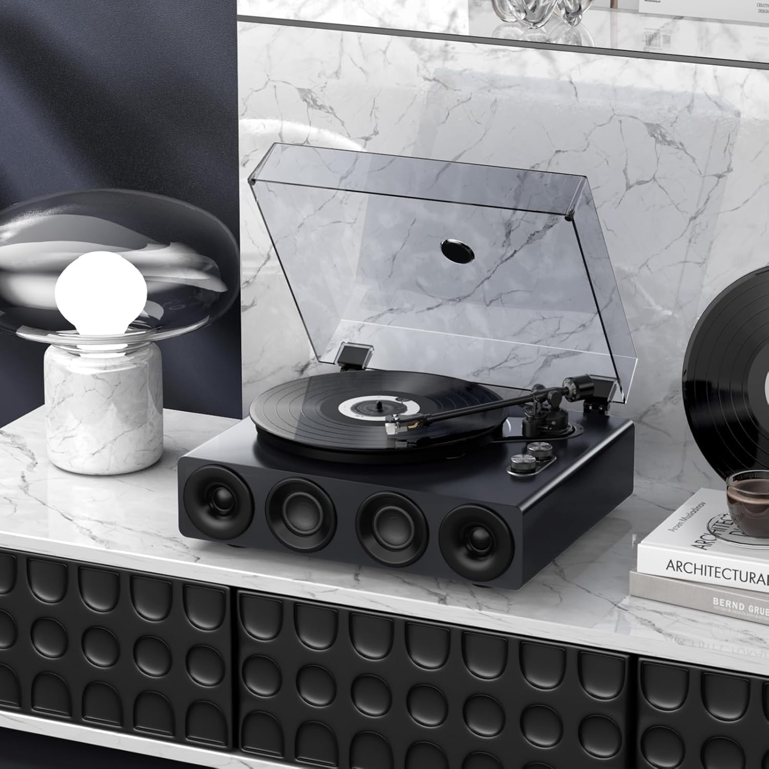 1 BY ONE Tocadiscos de Vinilo Todo en Uno con Altavoces Integrados, Preamplificador de Fono, Cápsula Magnética AT-3600L, Salida RCA, Transmisión por Correa 2 Velocidades, Acabado en Laca de Piano Gris - 6