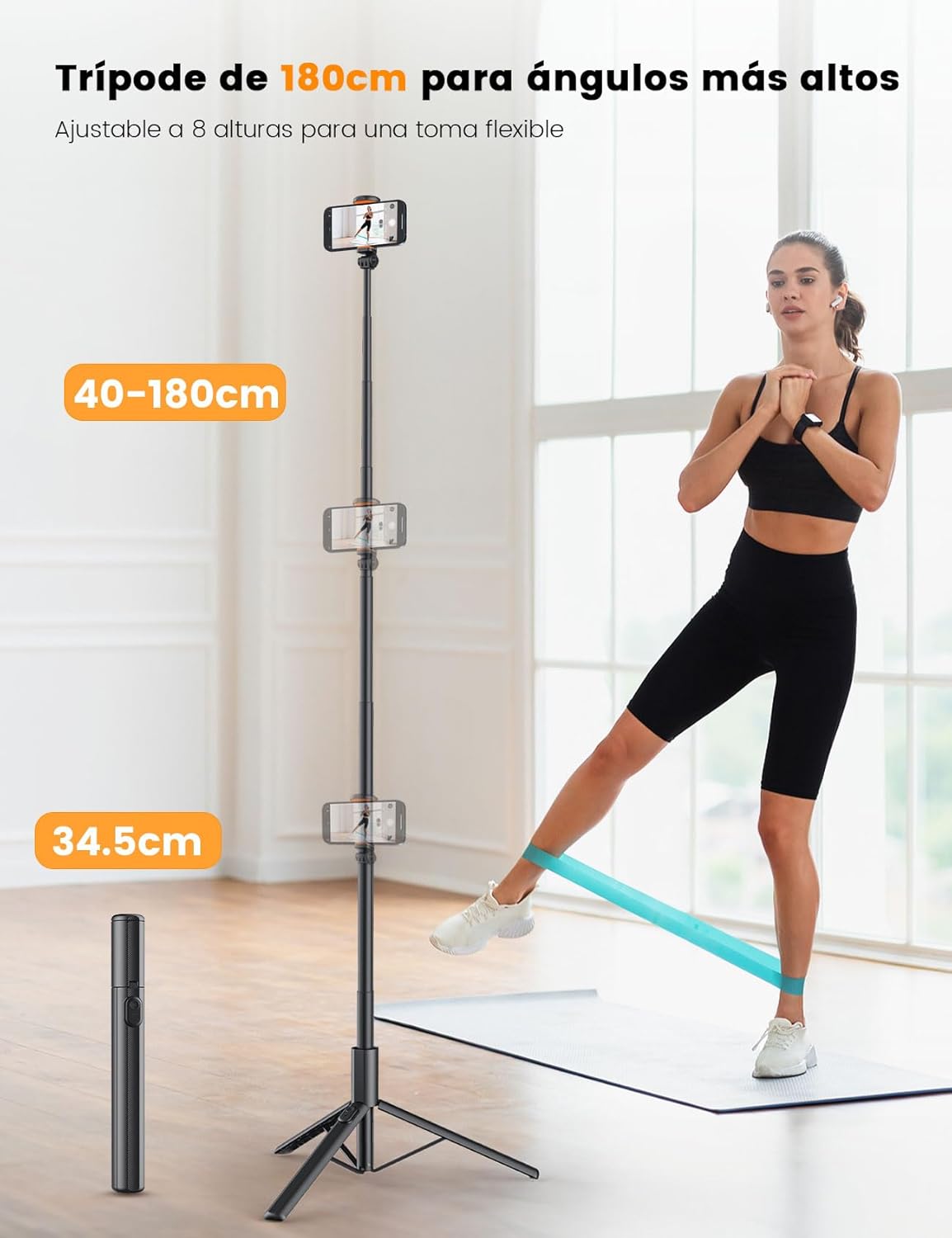 180cm Trípode Palo Selfie, NT79 Trípode para Movil Monopies con Control Remoto para Móvil y Cámara, Compatible con iPhone/Samsung/Gopro/Cámara (Negro) - 2