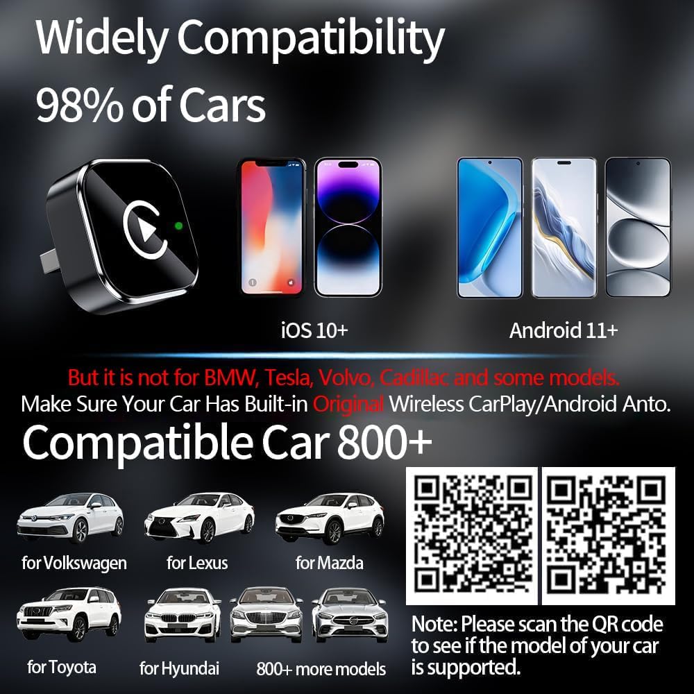 2 en 1 Adaptador CarPlay Inalámbrico, CarPlay Cableado a Inalámbrico Sin Esfuerzo, Para coches con CarPlay, Para iPhone iOS 10+ & Android Auto, Compacto y Estable Bluetooth Car Play Wireless Adapter - 2