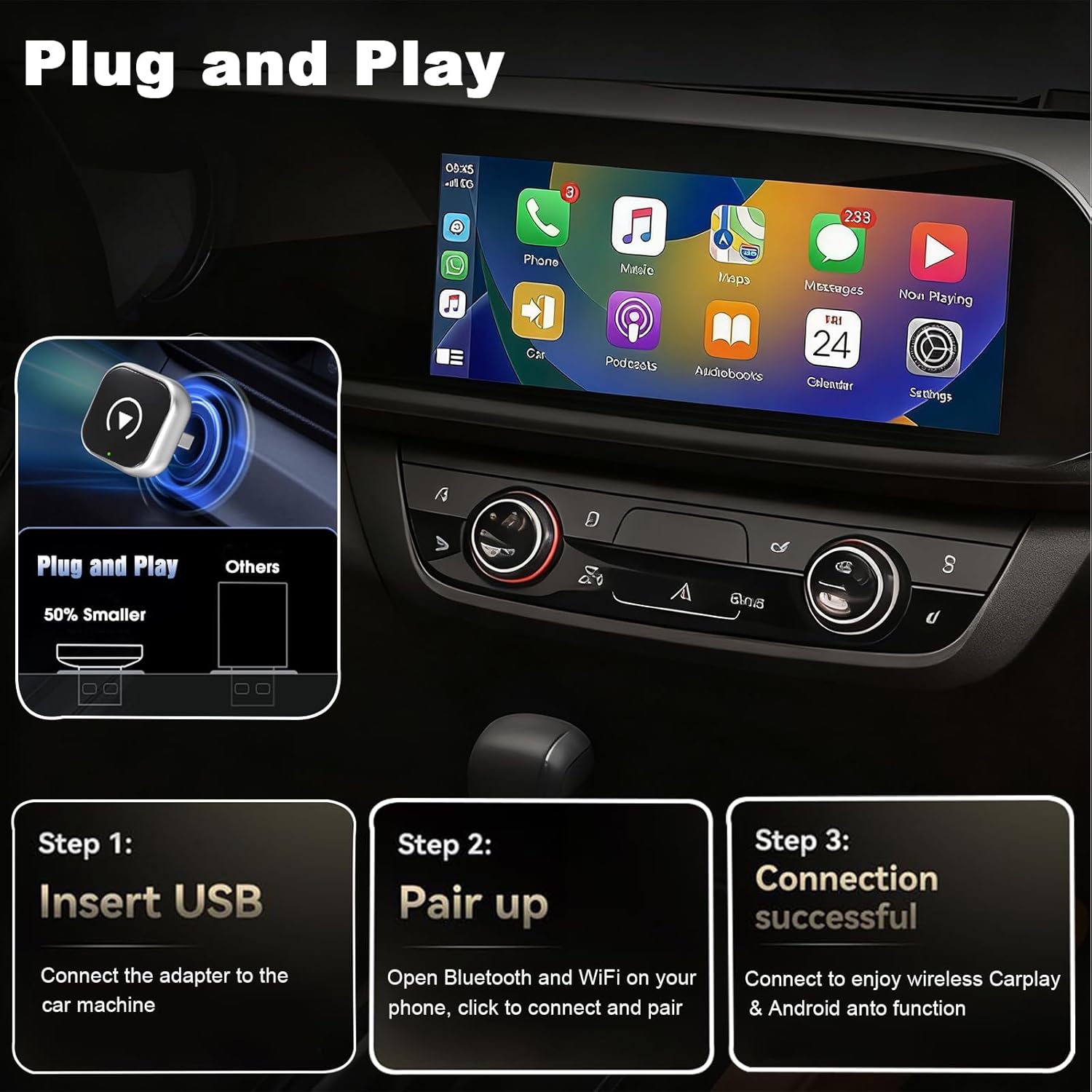 2 en 1 Adaptador CarPlay Inalámbrico, CarPlay Cableado a Inalámbrico Sin Esfuerzo, Para coches con CarPlay, Para iPhone iOS 10+ & Android Auto, Compacto y Estable Bluetooth Car Play Wireless Adapter - 5