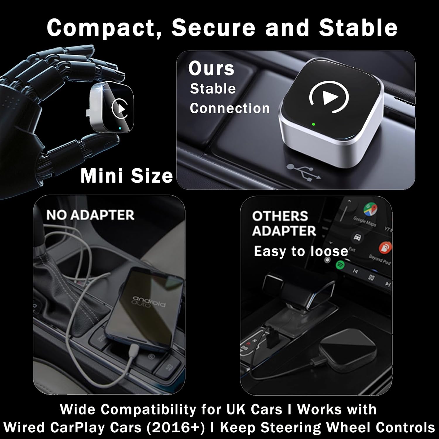 2 en 1 Adaptador CarPlay Inalámbrico, CarPlay Cableado a Inalámbrico Sin Esfuerzo, Para coches con CarPlay, Para iPhone iOS 10+ & Android Auto, Compacto y Estable Bluetooth Car Play Wireless Adapter - 6