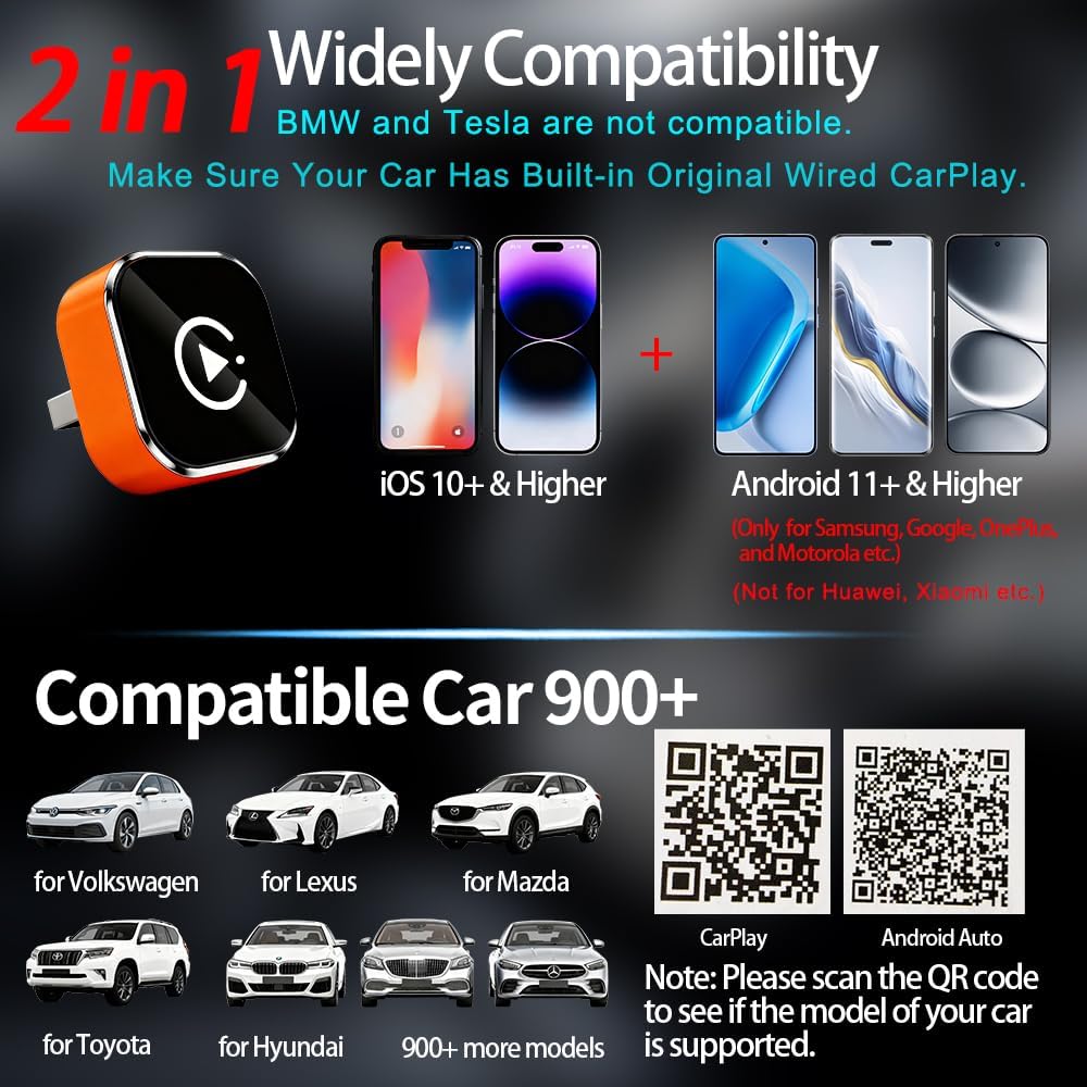 2 en 1 Adaptador CarPlay Inalámbrico, CarPlay Cableado a Inalámbrico Sin Esfuerzo, para Coches con CarPlay, para iPhone iOS 10+ & Android Auto, Compacto y Estable Bluetooth Car Play Wireless Adapter - 2