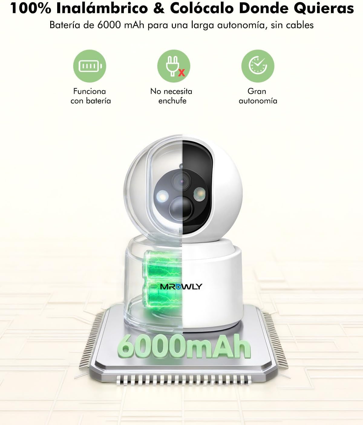 2.5K 4MP Camara Vigilancia WiFi Interior Sin Cable con Batería 6000mAh, 2.4/5GHz WiFi, 360° PTZ, Bebé/Animal/Seguridad para El Hogar, Detección PIR, Visión Nocturna Color, Conexión Bluetooth - 2