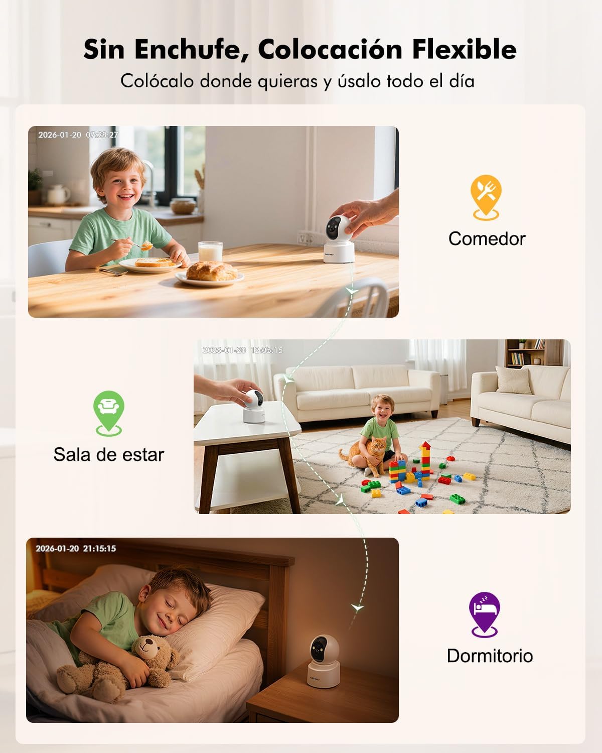 2.5K 4MP Camara Vigilancia WiFi Interior Sin Cable con Batería 6000mAh, 2.4/5GHz WiFi, 360° PTZ, Bebé/Animal/Seguridad para El Hogar, Detección PIR, Visión Nocturna Color, Conexión Bluetooth - 3