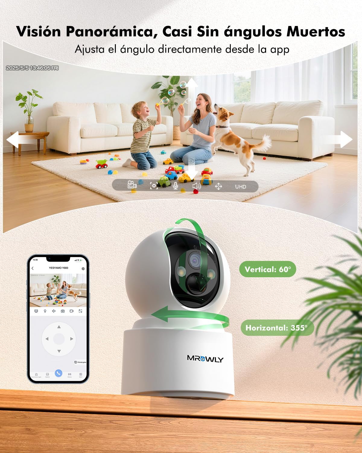 2.5K 4MP Camara Vigilancia WiFi Interior Sin Cable con Batería 6000mAh, 2.4/5GHz WiFi, 360° PTZ, Bebé/Animal/Seguridad para El Hogar, Detección PIR, Visión Nocturna Color, Conexión Bluetooth - 5