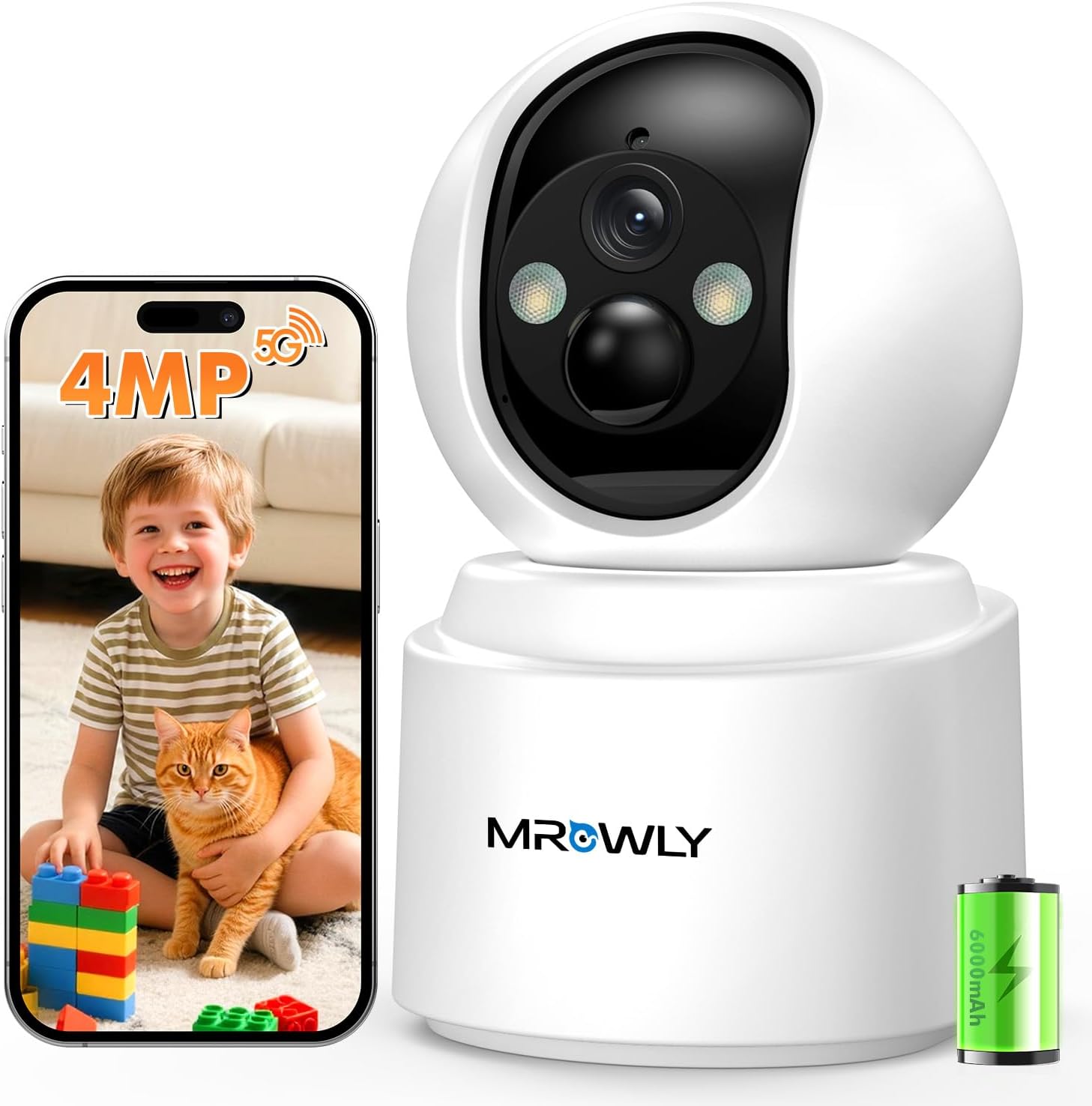 2.5K 4MP Camara Vigilancia WiFi Interior Sin Cable con Batería 6000mAh, 2.4/5GHz WiFi, 360° PTZ, Bebé/Animal/Seguridad para El Hogar, Detección PIR, Visión Nocturna Color, Conexión Bluetooth - 1