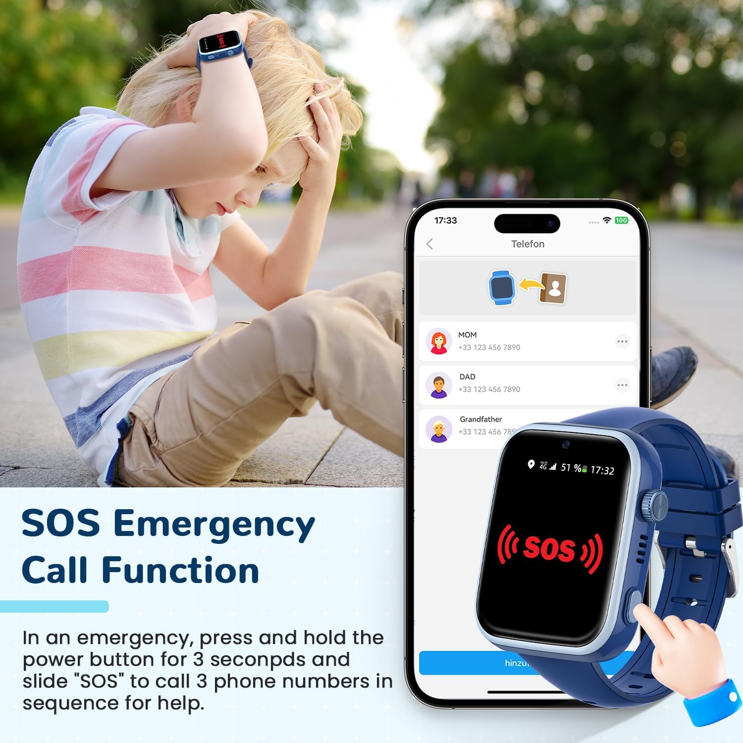 2026 Nuevo Reloj Inteligente Niño, Smartwatch Niños con Llamadas y GPS, Videollamadas/Chat de Voz/WhatsApp/WiFi/SMS/SOS/Modo Escuela/Dormir/Despertador, IP68 Reloj Niño y Niñas Azul 4-14 Año - 5