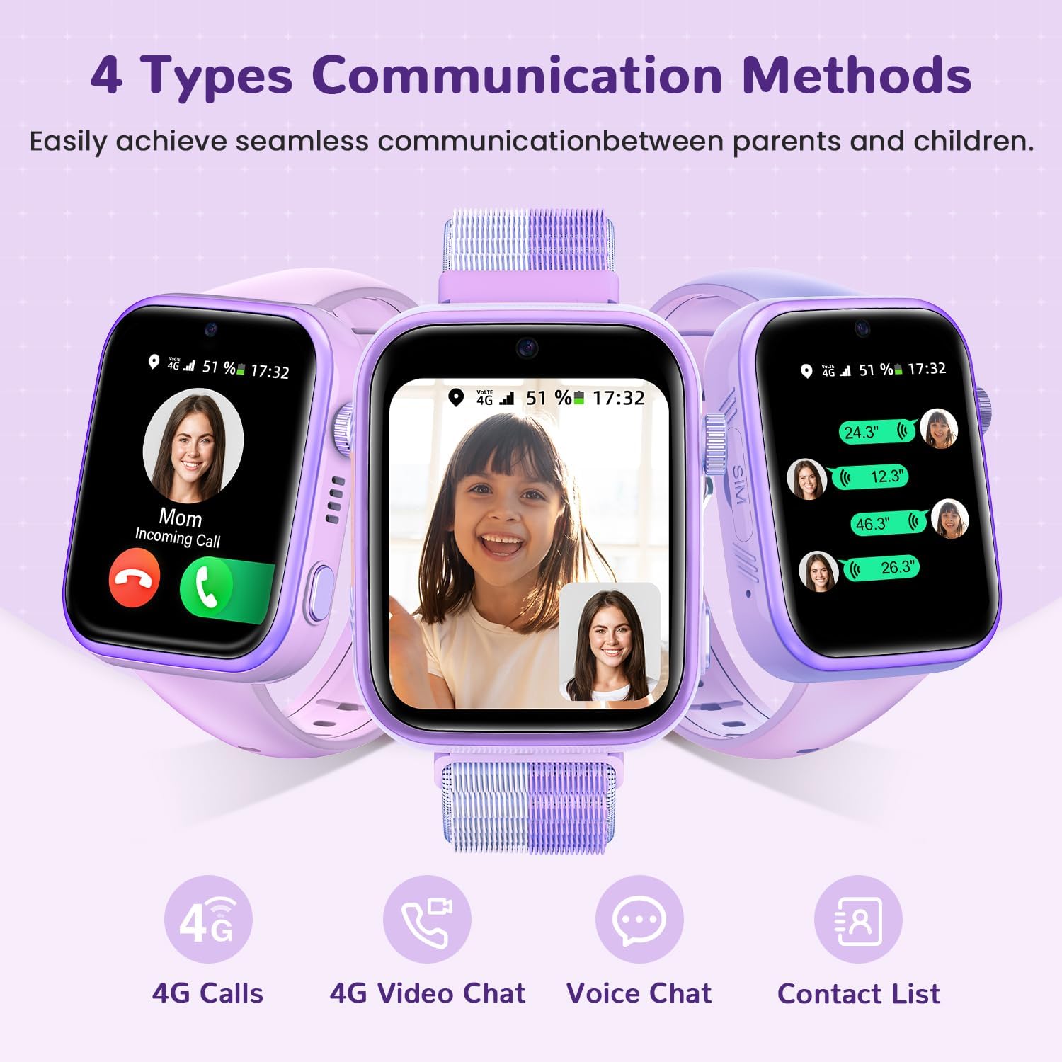 2026 Nuevo Reloj Inteligente Niño, Smartwatch Niños con Llamadas y GPS, Videollamadas/Chat de Voz/Whatsapp/WiFi/SMS/SOS/Modo Escuela/Dormir/Despertador, Reloj Niño y Niñas Púrpura 4-14 Año - 2