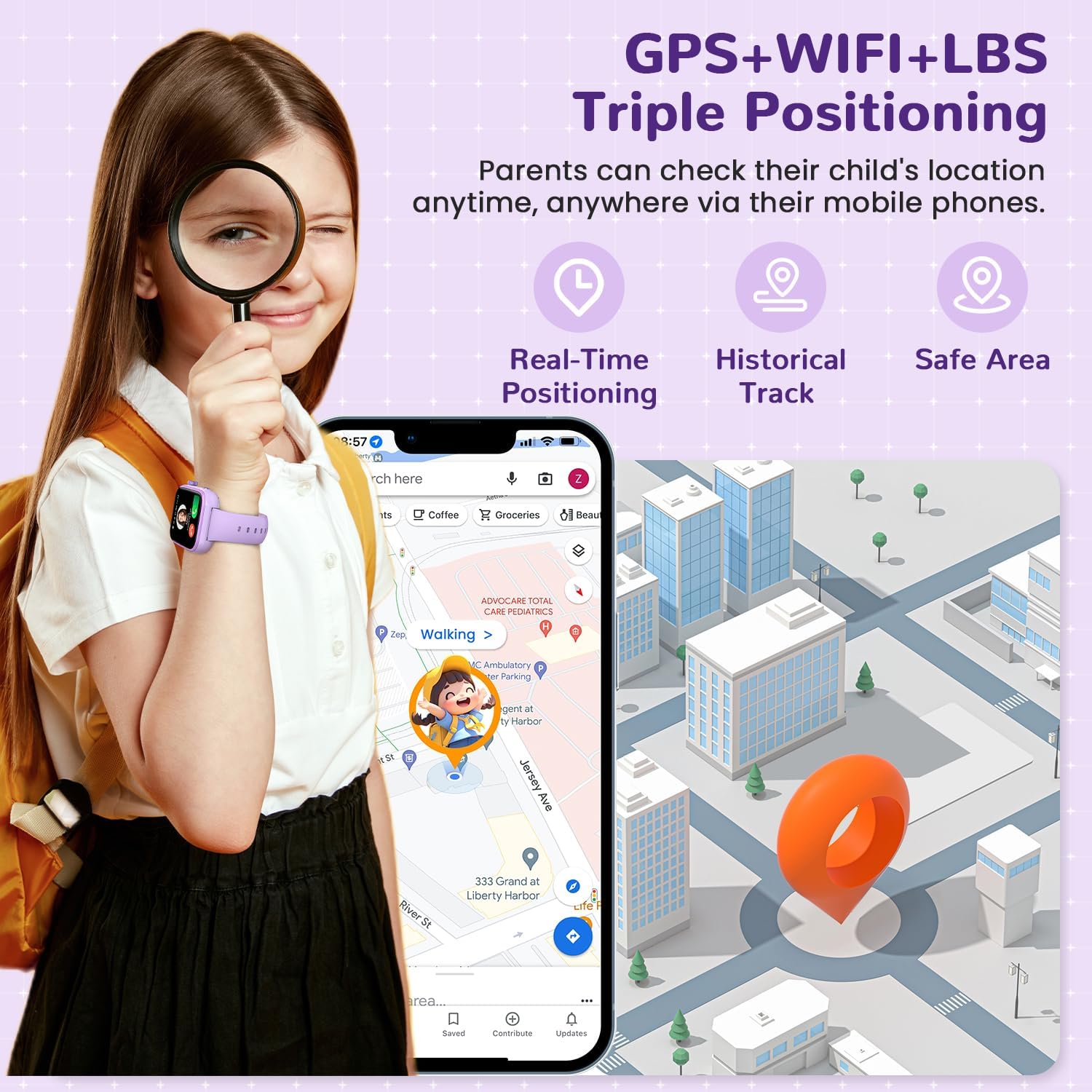 2026 Nuevo Reloj Inteligente Niño, Smartwatch Niños con Llamadas y GPS, Videollamadas/Chat de Voz/Whatsapp/WiFi/SMS/SOS/Modo Escuela/Dormir/Despertador, Reloj Niño y Niñas Púrpura 4-14 Año - 3