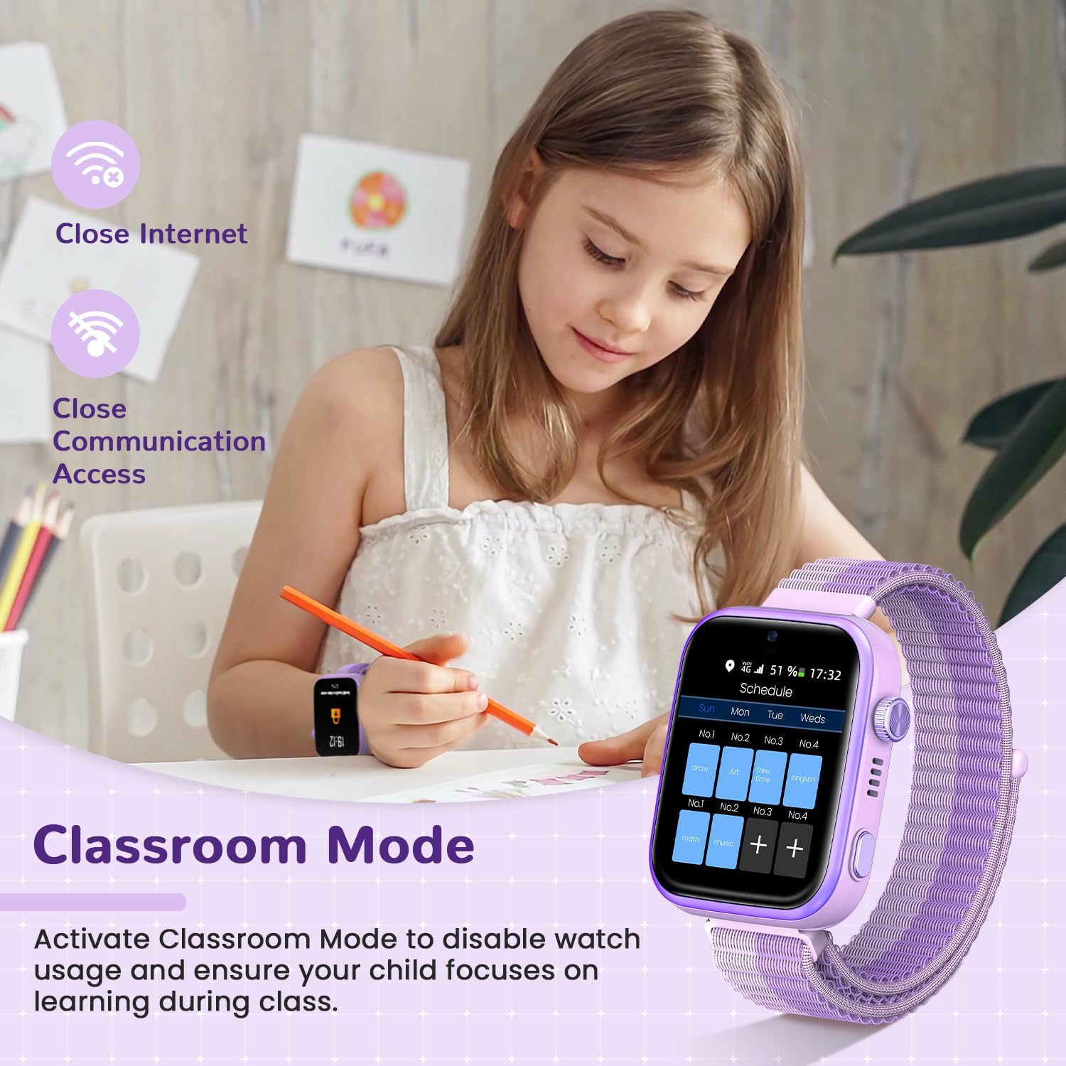 2026 Nuevo Reloj Inteligente Niño, Smartwatch Niños con Llamadas y GPS, Videollamadas/Chat de Voz/Whatsapp/WiFi/SMS/SOS/Modo Escuela/Dormir/Despertador, Reloj Niño y Niñas Púrpura 4-14 Año - 4