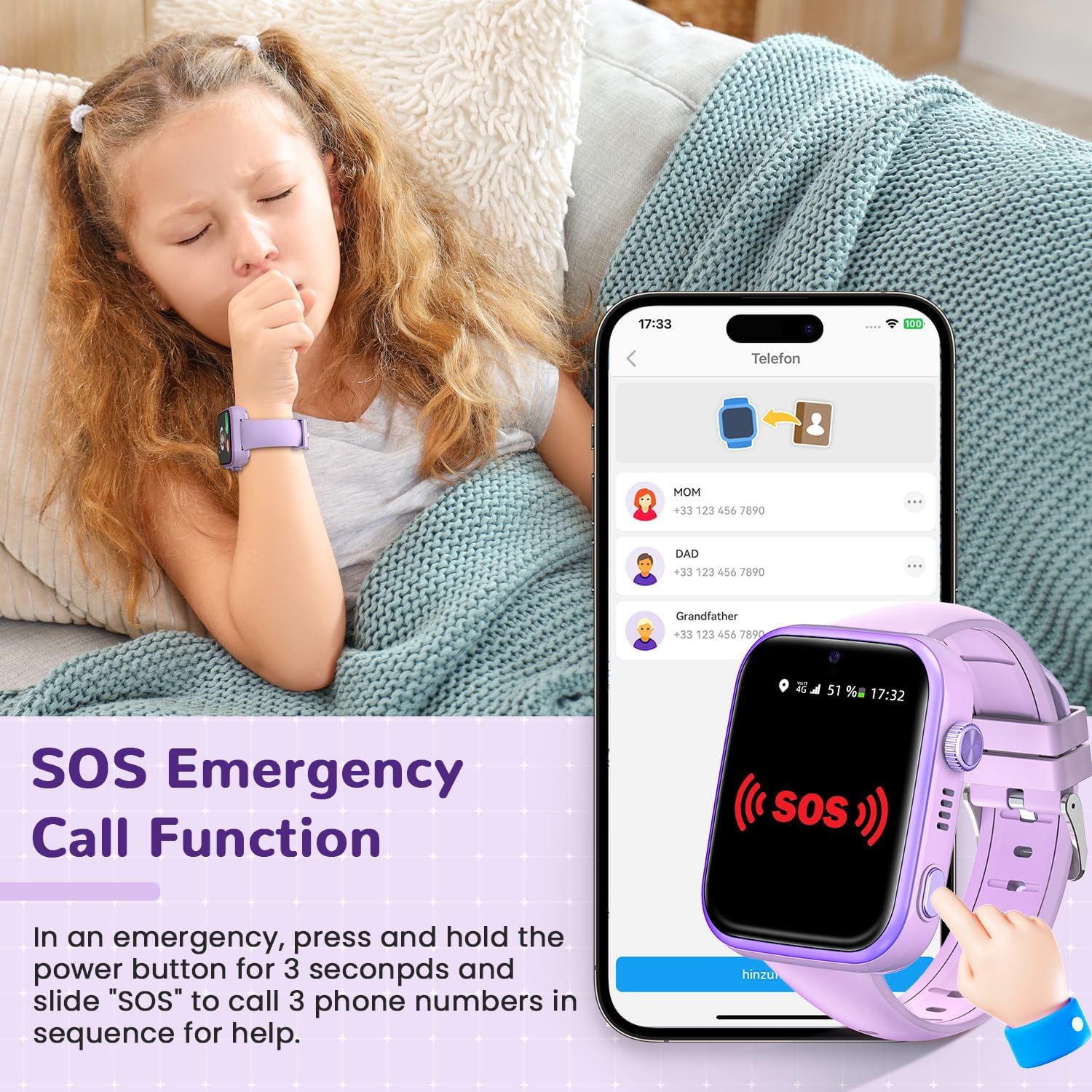 2026 Nuevo Reloj Inteligente Niño, Smartwatch Niños con Llamadas y GPS, Videollamadas/Chat de Voz/Whatsapp/WiFi/SMS/SOS/Modo Escuela/Dormir/Despertador, Reloj Niño y Niñas Púrpura 4-14 Año - 5