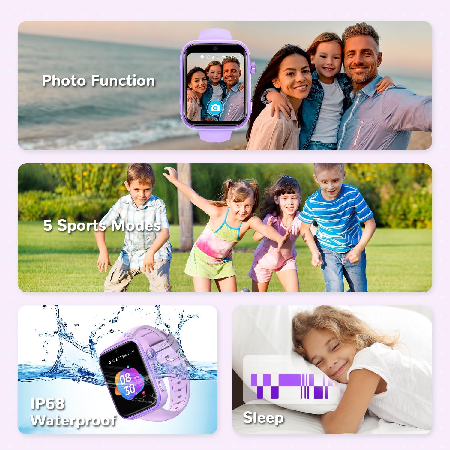 2026 Nuevo Reloj Inteligente Niño, Smartwatch Niños con Llamadas y GPS, Videollamadas/Chat de Voz/Whatsapp/WiFi/SMS/SOS/Modo Escuela/Dormir/Despertador, Reloj Niño y Niñas Púrpura 4-14 Año - 6
