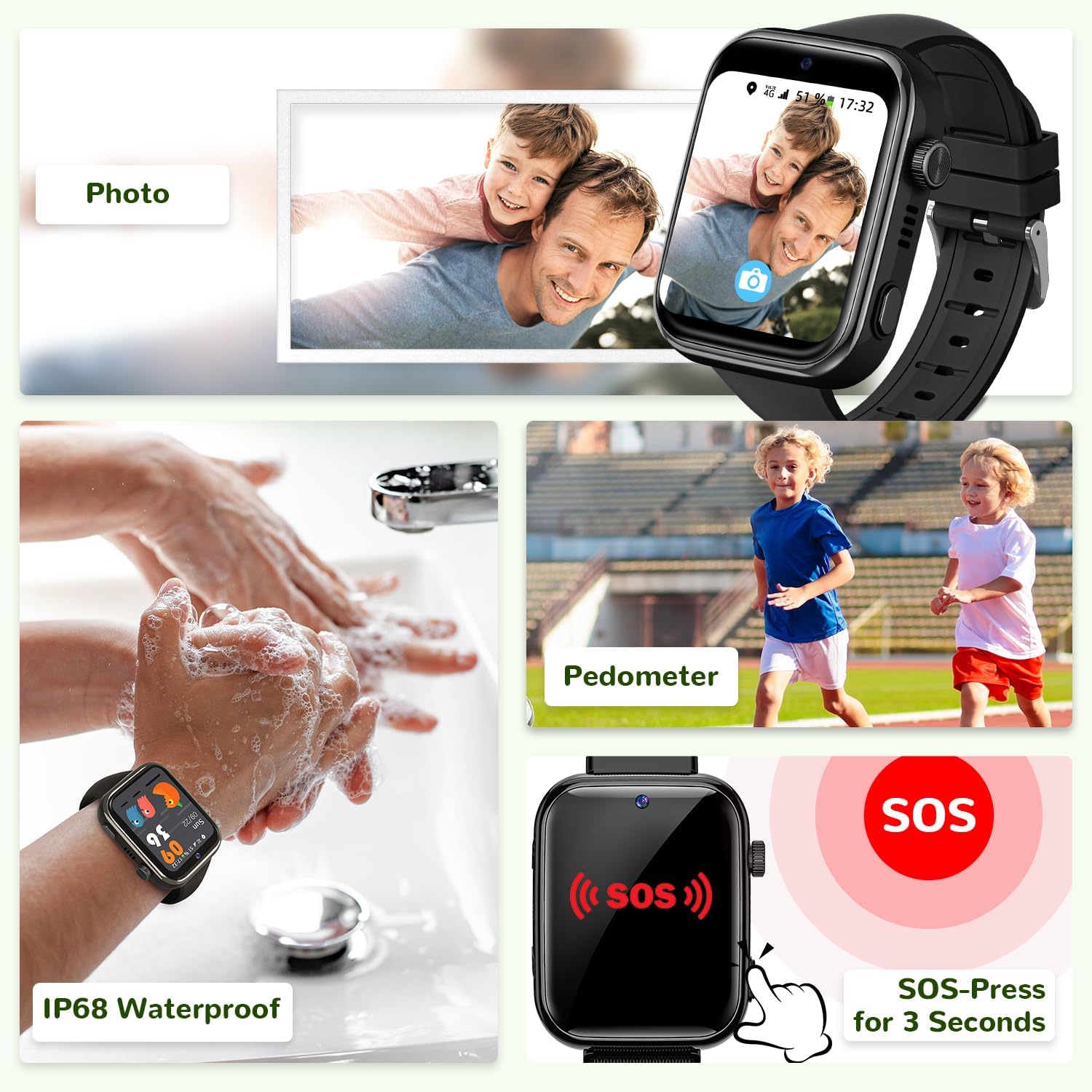 4G Reloj Inteligente Niño, Smartwatch Niños con GPS y Llamadas, Videollamadas, Chat de Voz, SMS, WhatsApp, SIM, SOS, Modo Escuela, WiFi, Localizador, Podómetro IP68 Reloj Niño y Niñas Negro Regalo - 3
