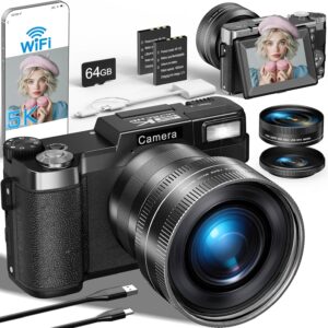 5K Cámara Digital, 64MP Camara de Fotos con WiFi, Tarjeta de 64GB, Enfoque Automático, Linterna Ajustable Pantalla Giratoria de 180° para Vlog y Principiantes, Objetivo Grande Angular y Macro 2 Pilas