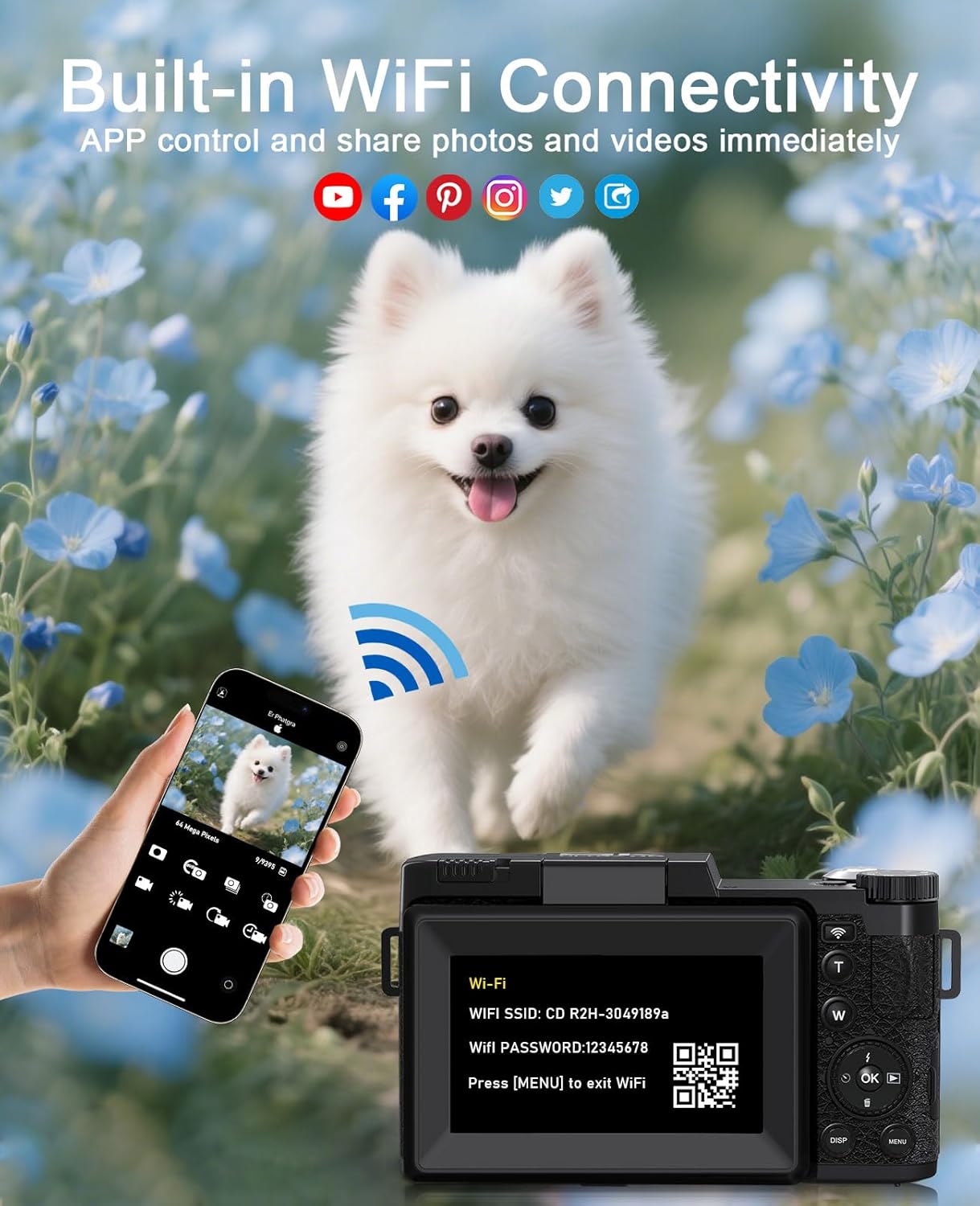 5K Cámara Digital, 64MP Camara de Fotos con WiFi, Tarjeta de 64GB, Enfoque Automático, Linterna Ajustable Pantalla Giratoria de 180° para Vlog y Principiantes, Objetivo Grande Angular y Macro 2 Pilas - 4