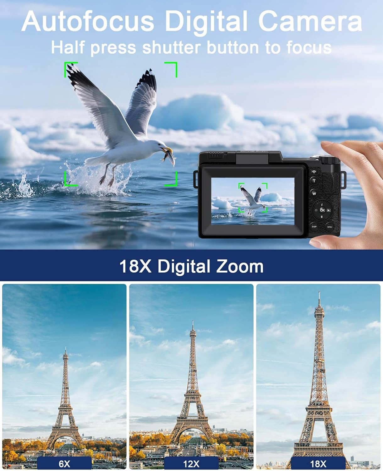 5K Cámara Digital, 64MP Camara de Fotos con WiFi, Tarjeta de 64GB, Enfoque Automático, Linterna Ajustable Pantalla Giratoria de 180° para Vlog y Principiantes, Objetivo Grande Angular y Macro 2 Pilas - 6