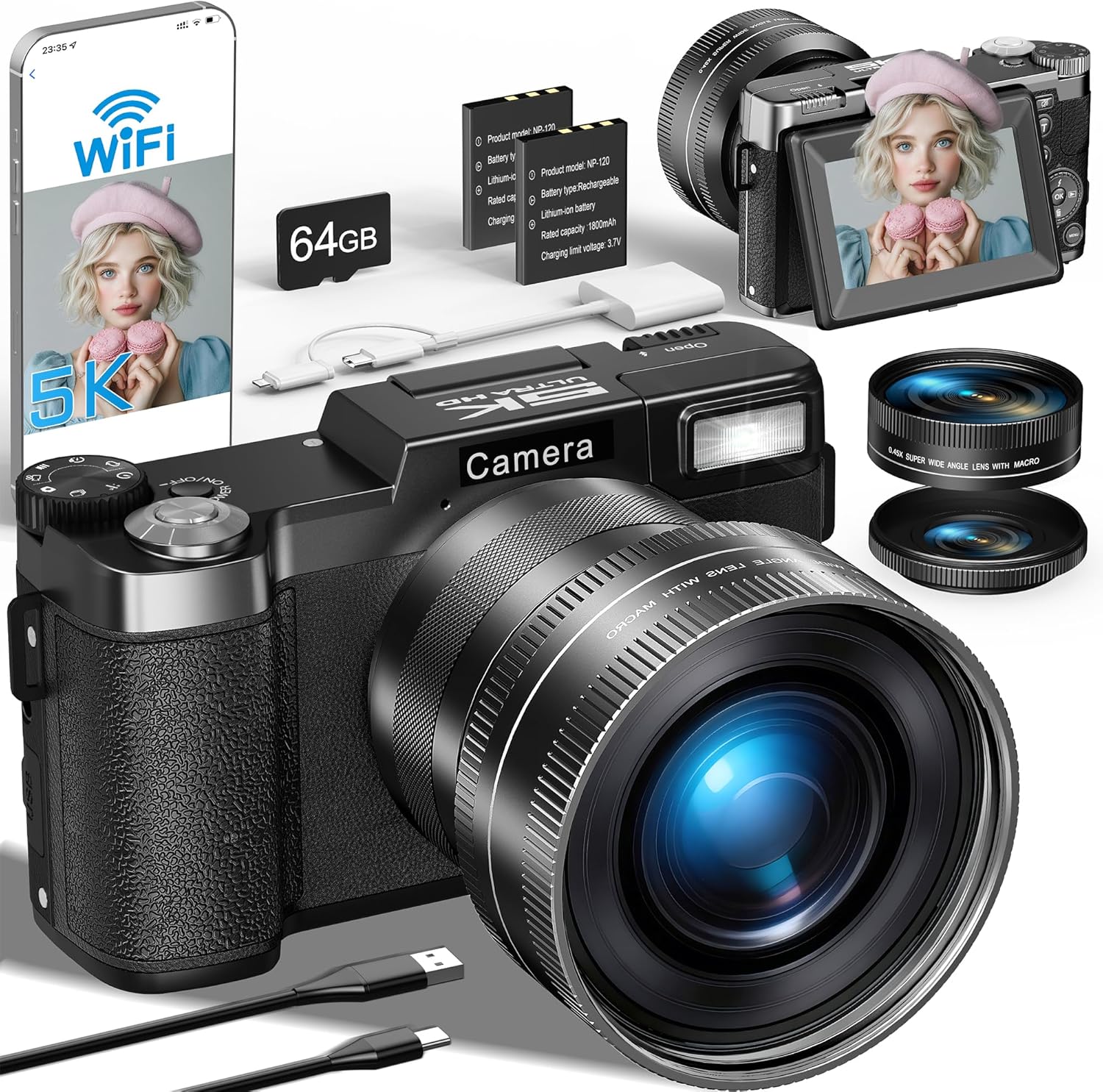 5K Cámara Digital, 64MP Camara de Fotos con WiFi, Tarjeta de 64GB, Enfoque Automático, Linterna Ajustable Pantalla Giratoria de 180° para Vlog y Principiantes, Objetivo Grande Angular y Macro 2 Pilas - 1