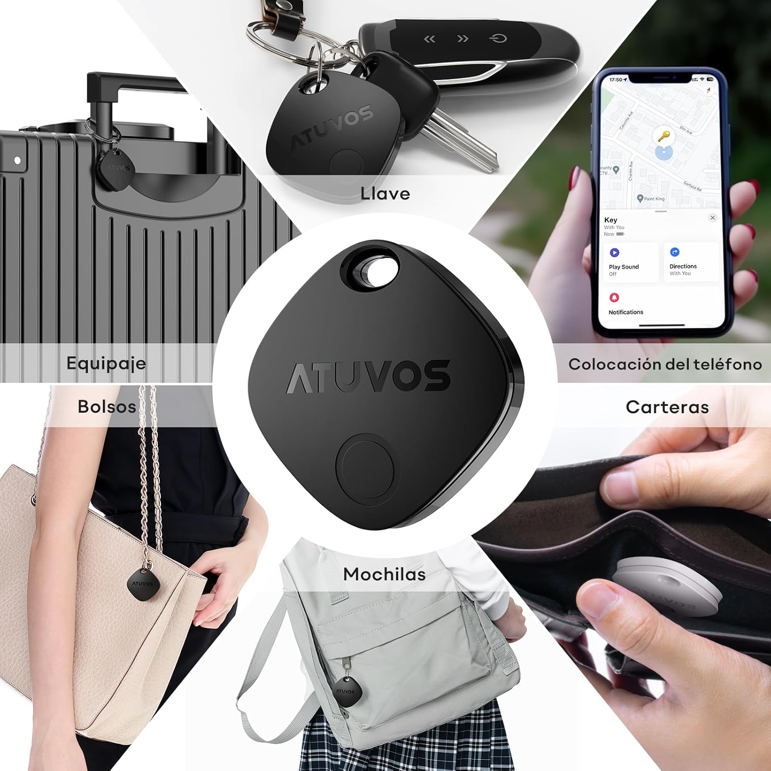 ATUVOS Air Tag Smart Tracker 4 Pack Negro, Buscador de Objetos Bluetooth Funciona con Buscar Apple (Sólo iOS, Android no Compatible), Localizador para Llaves, Maletas, Equipaje. Batería Reemplazable. - 6