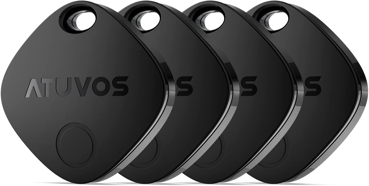 ATUVOS Air Tag Smart Tracker 4 Pack Negro, Buscador de Objetos Bluetooth Funciona con Buscar Apple (Sólo iOS, Android no Compatible), Localizador para Llaves, Maletas, Equipaje. Batería Reemplazable. - 1