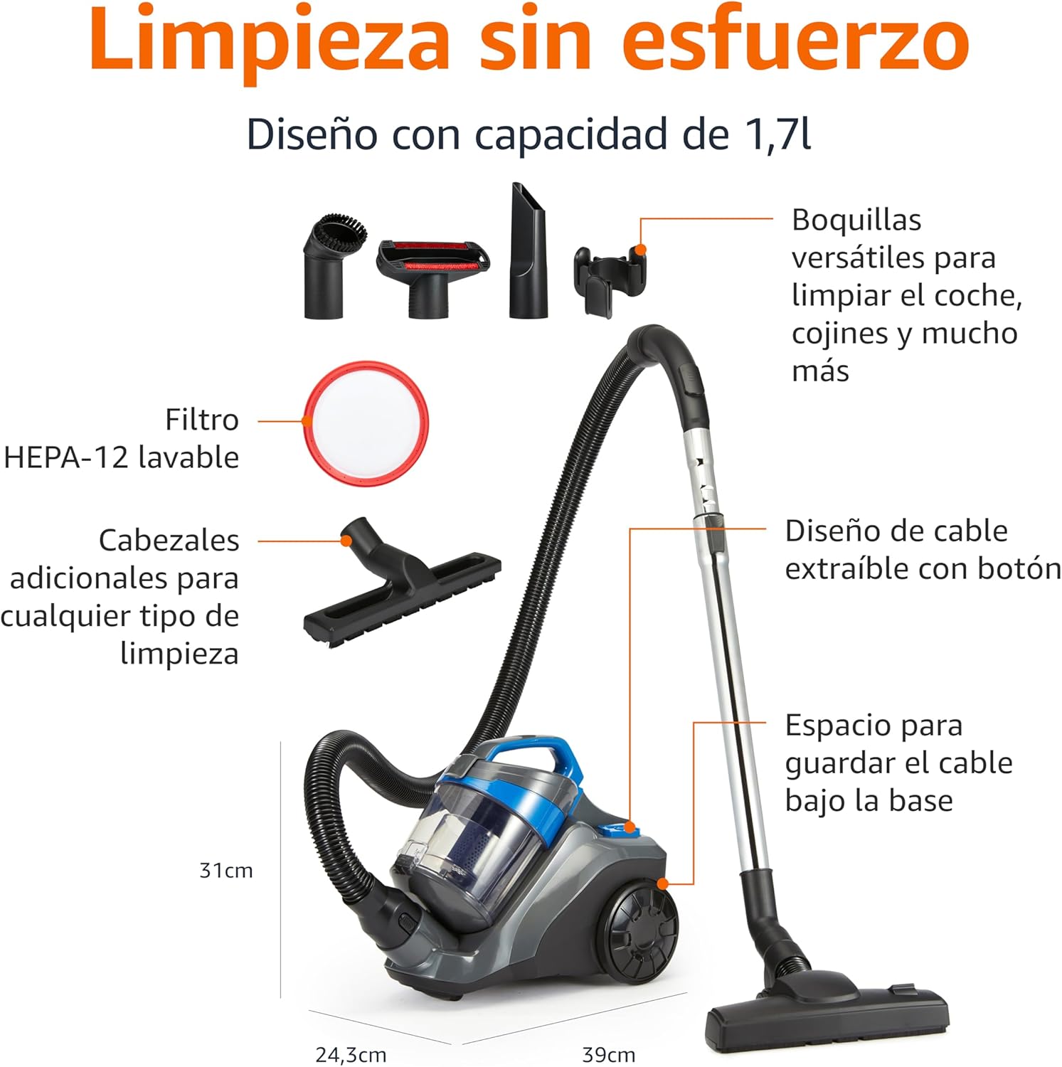 Amazon Basics Aspirador sin Bolsa Cilíndrico 1.7L Compacto Ligero con Boquilla Triple Acción, Filtro HEPA, 850W, para Alfombras y Suelos Duros, Negro y Azul - 2
