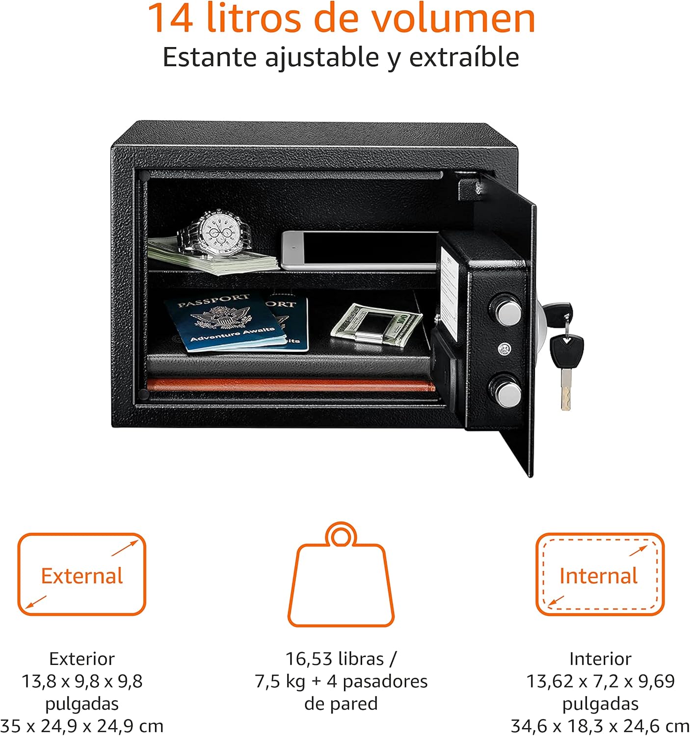 Amazon Basics Caja Fuerte de Seguridad de Acero con Cerradura con Teclado, Protege Dinero, Joyas, Documentos de identificación, 14 l, 35 cm x 25 cm x 25 cm, Color Negro - 4