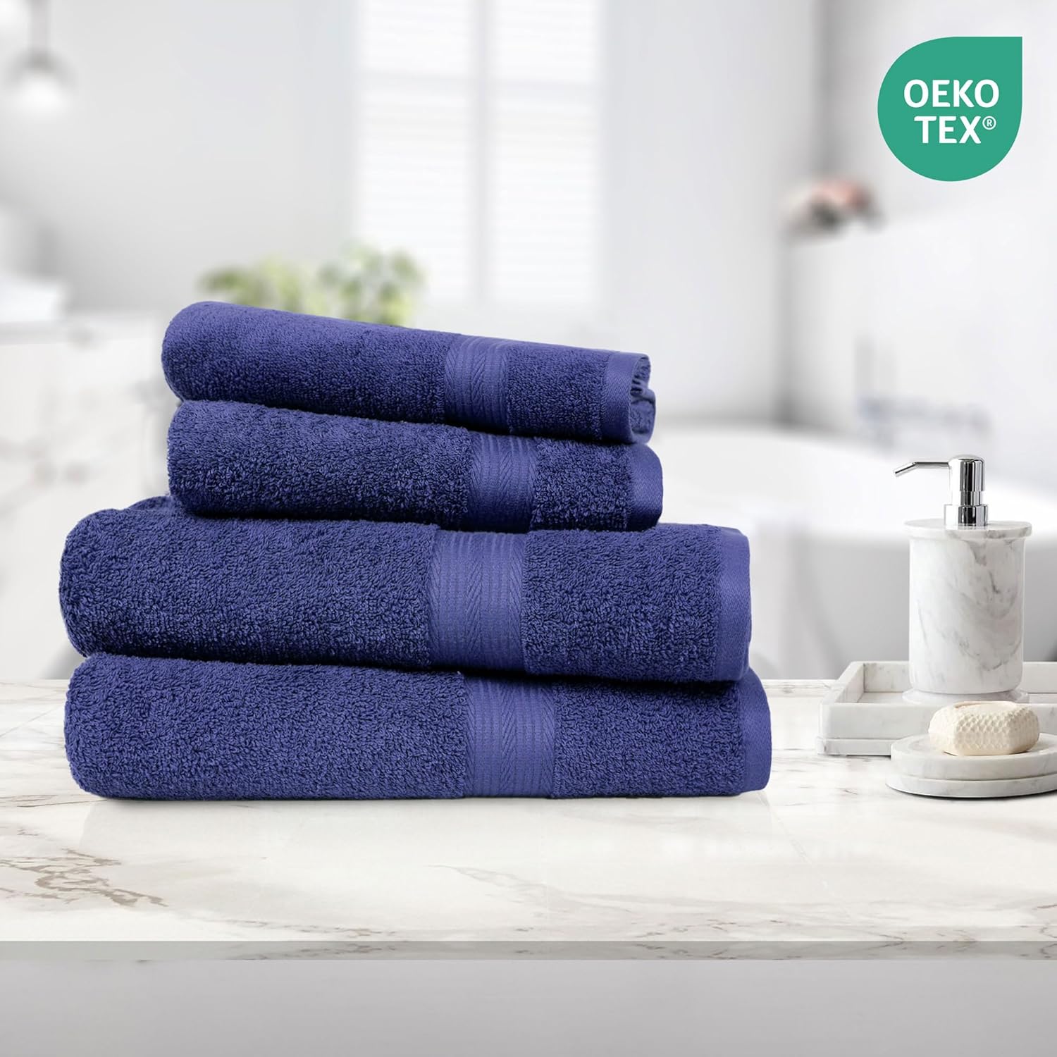 Amazon Basics Juego Toallas Baño Completo 100% Algodón 2 Toallas Baño + 2 Mano, Azul Real, Pack 4 Unidades - 5