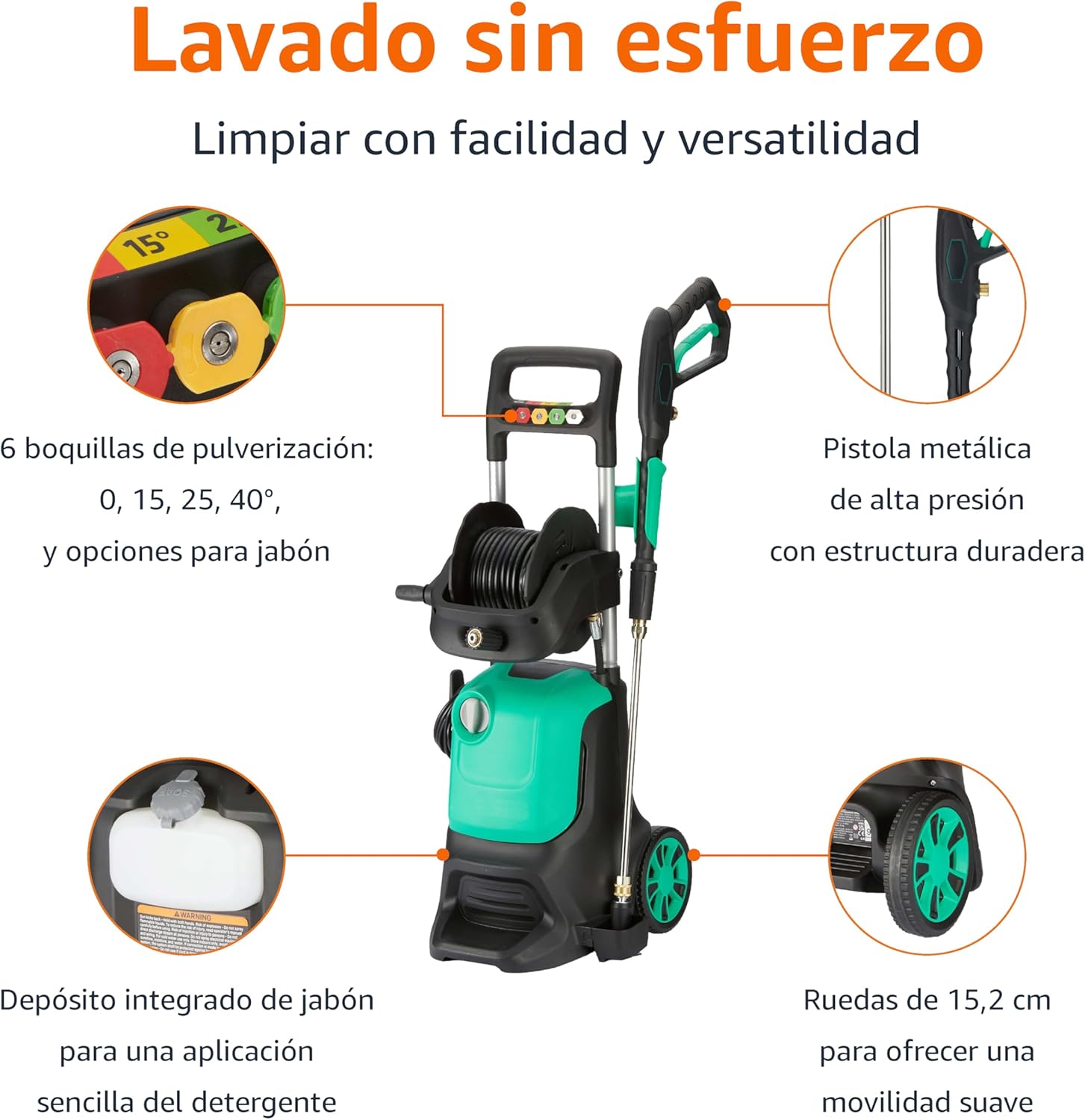 Amazon Basics Lavadoras a presión con cable, 2200 W, máximo 145 bar, máximo tasa de flujo: 500 l/h, verde - 2