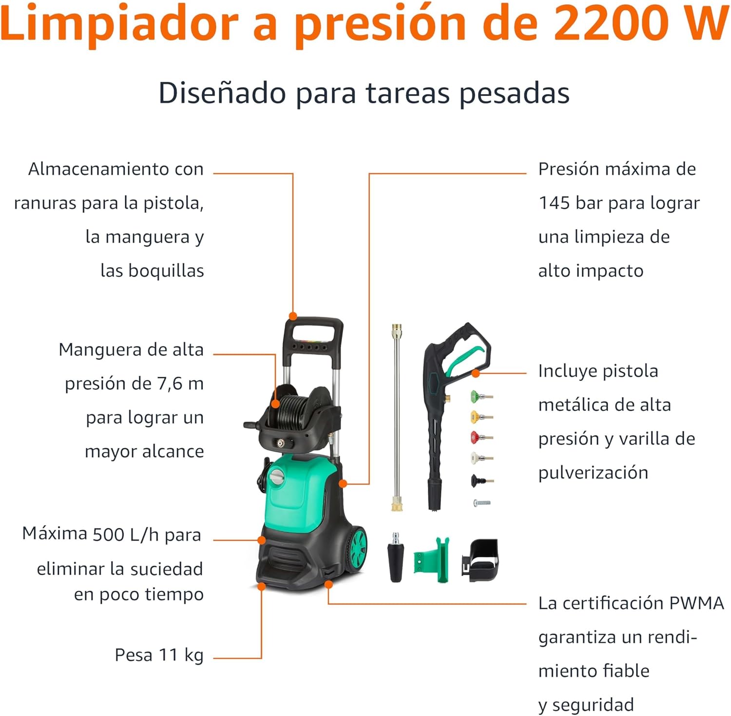 Amazon Basics Lavadoras a presión con cable, 2200 W, máximo 145 bar, máximo tasa de flujo: 500 l/h, verde - 3
