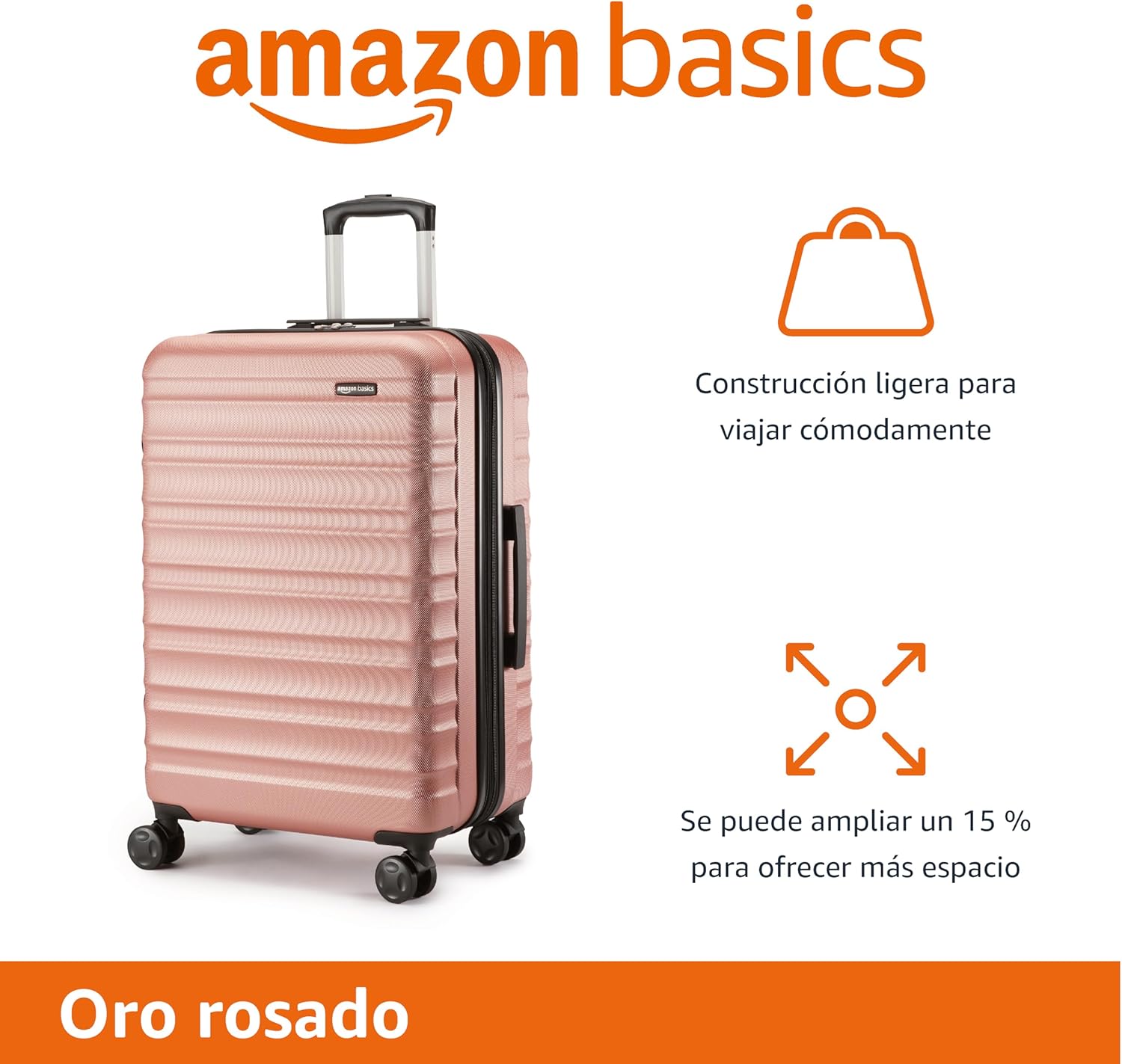 Amazon Basics Maleta Rígida de Tamaño Mediano (68 cm), Equipaje Expandible, Carcasa ABS Antiarayazos, 4 Ruedas Giratorias, Or Rosado - 2