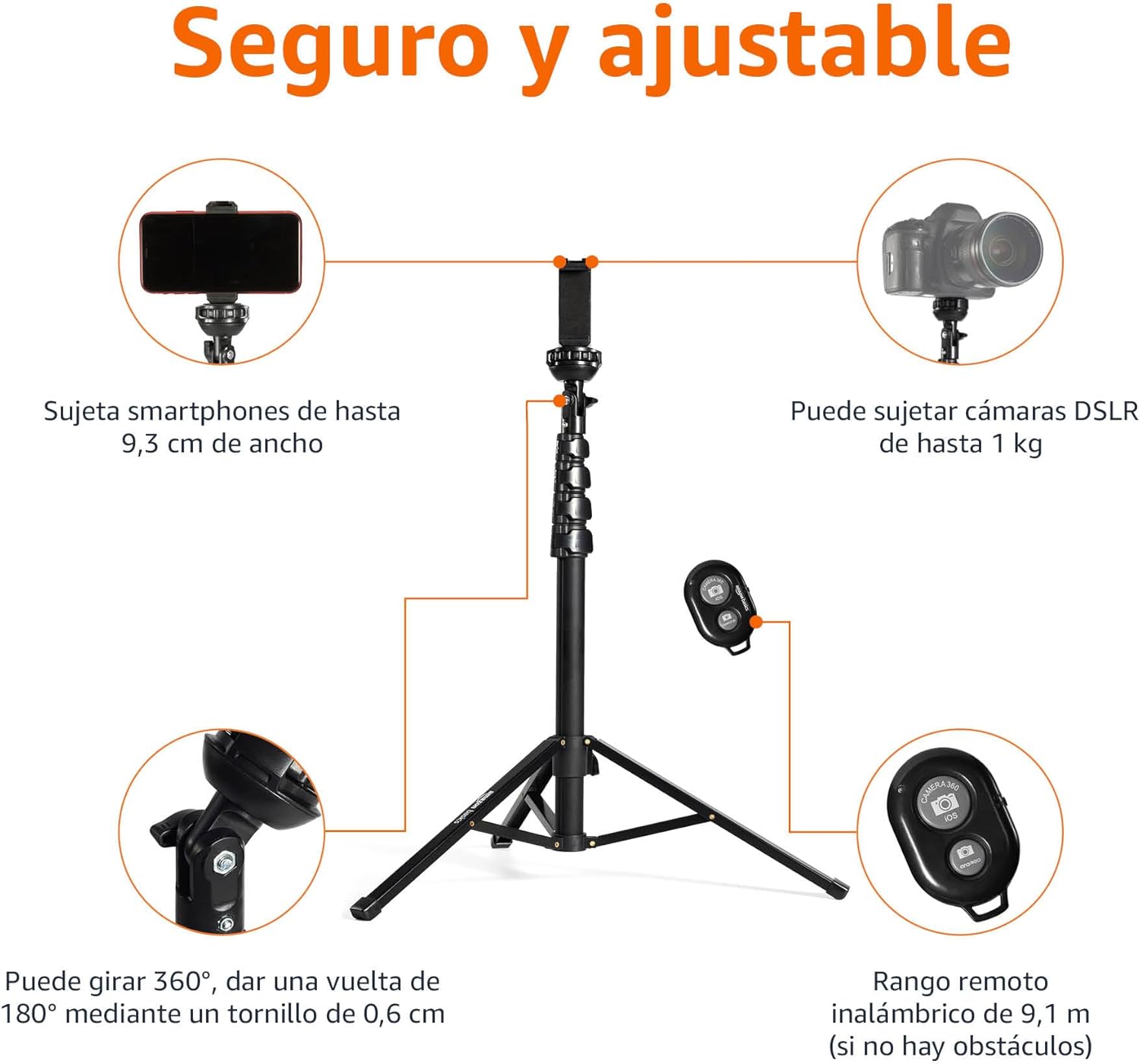 Amazon Basics Trípode y Paloselfi Extensible para Teléfono de 162cm/64in, con Mando a Distancia Inalámbrico, Negro - 5