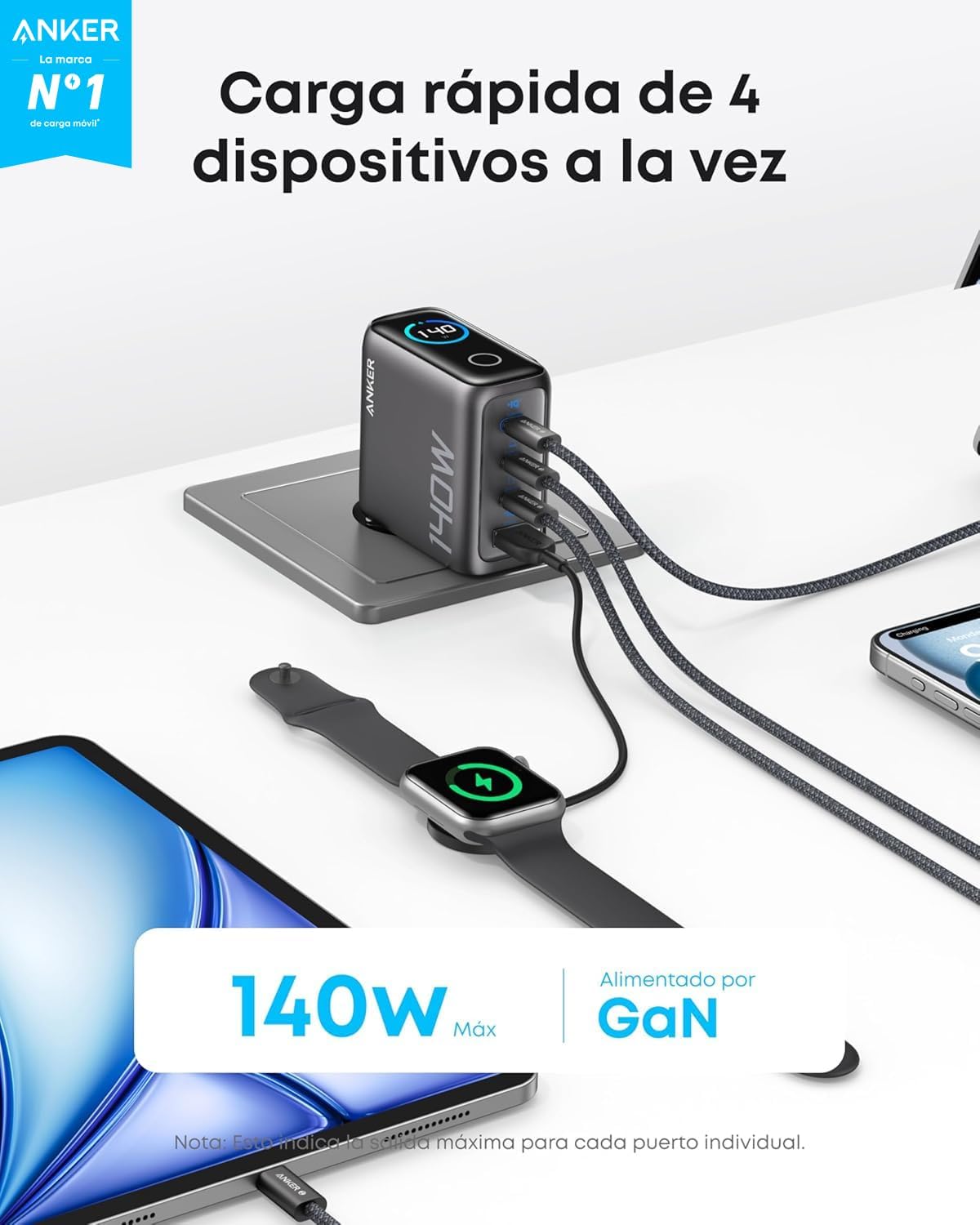 Anker Cargador USB C Carga Rapida 140W, Carga rapida de 4 Puertos, diseño intuitivo y Compatible con MacBook, iPhone 17/16/15 iPhone Air, Samsung, Pixel y más - 2