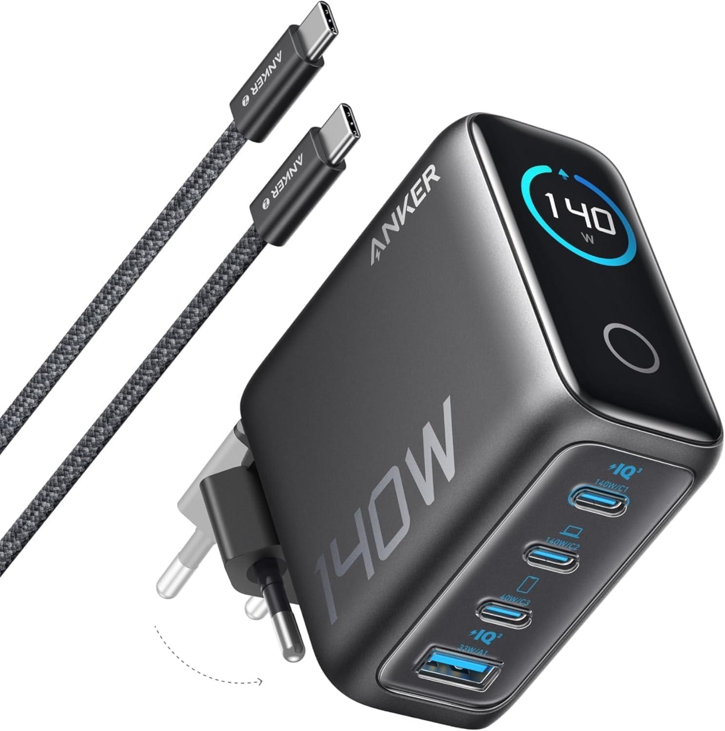 Anker Cargador USB C Carga Rapida 140W, Carga rapida de 4 Puertos, diseño intuitivo y Compatible con MacBook, iPhone 17/16/15 iPhone Air, Samsung, Pixel y más - 1