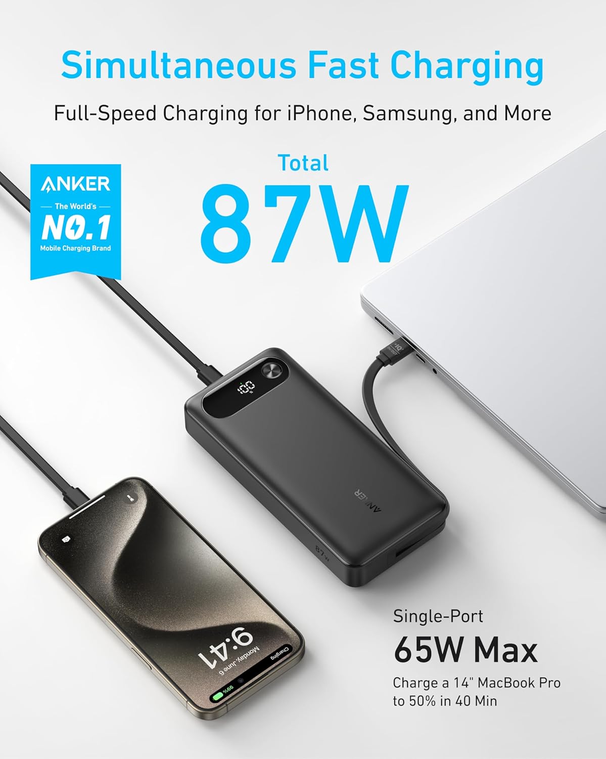 Anker Cargador portátil de 20.000 mAh con Cable USB C Integrado, batería de Carga rápida de 87 W, 2 USB-C y A, para MacBook, iPhone 17 16 15 14 Series, Samsung, Switch, y más - 2