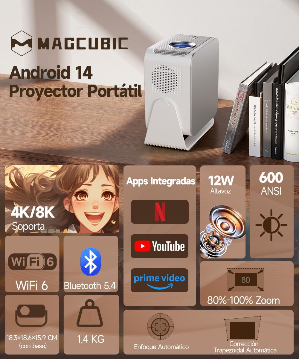 [App Integrada] Mini Proyector 4K & 8K Soporte 1080P Nativo, Proyector Portátil con WiFi 6 Bluetooth 5.4, 600ANSI, Enfoque Automático, 6D Corrección Automática de Trapecio, Rotación 180°, HY350MAX - 2