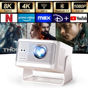 [App Integrada] Mini Proyector 4K & 8K Soporte 1080P Nativo, Proyector Portátil con WiFi 6 Bluetooth 5.4, 600ANSI, Enfoque Automático, 6D Corrección Automática de Trapecio, Rotación 180°, HY350MAX