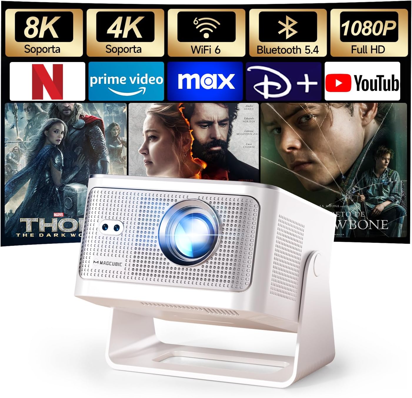 [App Integrada] Mini Proyector 4K & 8K Soporte 1080P Nativo, Proyector Portátil con WiFi 6 Bluetooth 5.4, 600ANSI, Enfoque Automático, 6D Corrección Automática de Trapecio, Rotación 180°, HY350MAX - 1