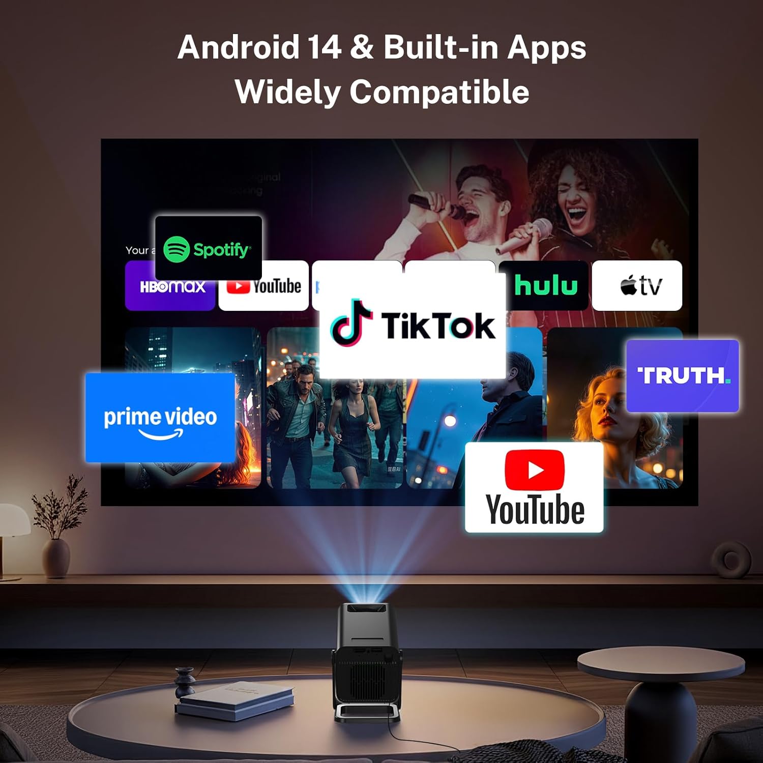 [Apps Integradas & Android 14] Mini Proyector con 5G WiFi 6 Bluetooth 5.4, Soporte 4K 1080P, Auto Keystone, 270° Rotable Projector Portátil Compatibile con HDMI/TV Stick/Laptop/USB/iOS, LYNCAST, Negro - 2