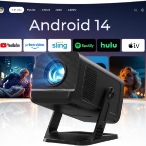 [Apps Integradas & Android 14] Mini Proyector con 5G WiFi 6 Bluetooth 5.4, Soporte 4K 1080P, Auto Keystone, 270° Rotable Projector Portátil Compatibile con HDMI/TV Stick/Laptop/USB/iOS, LYNCAST, Negro
