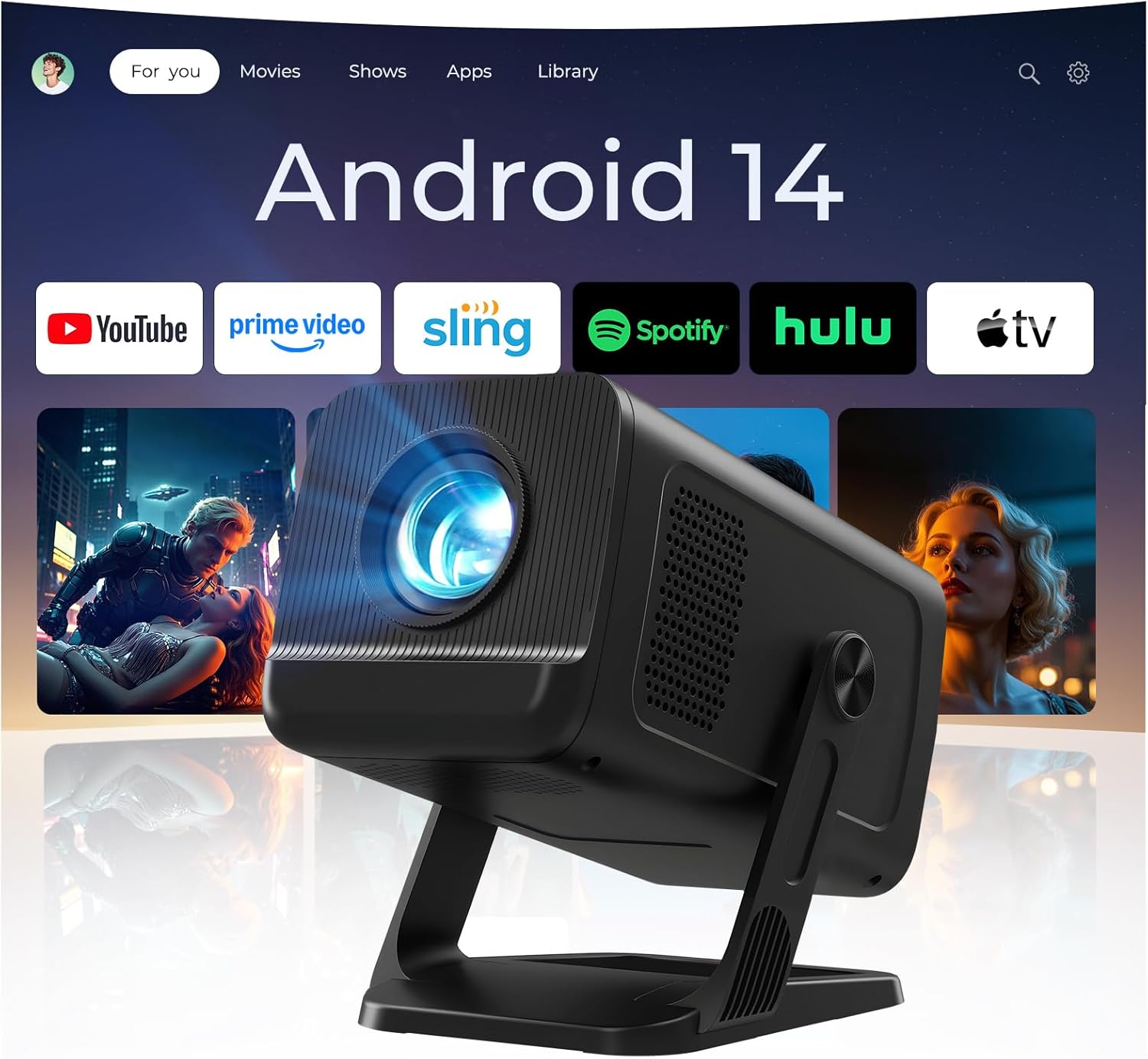[Apps Integradas & Android 14] Mini Proyector con 5G WiFi 6 Bluetooth 5.4, Soporte 4K 1080P, Auto Keystone, 270° Rotable Projector Portátil Compatibile con HDMI/TV Stick/Laptop/USB/iOS, LYNCAST, Negro - 1